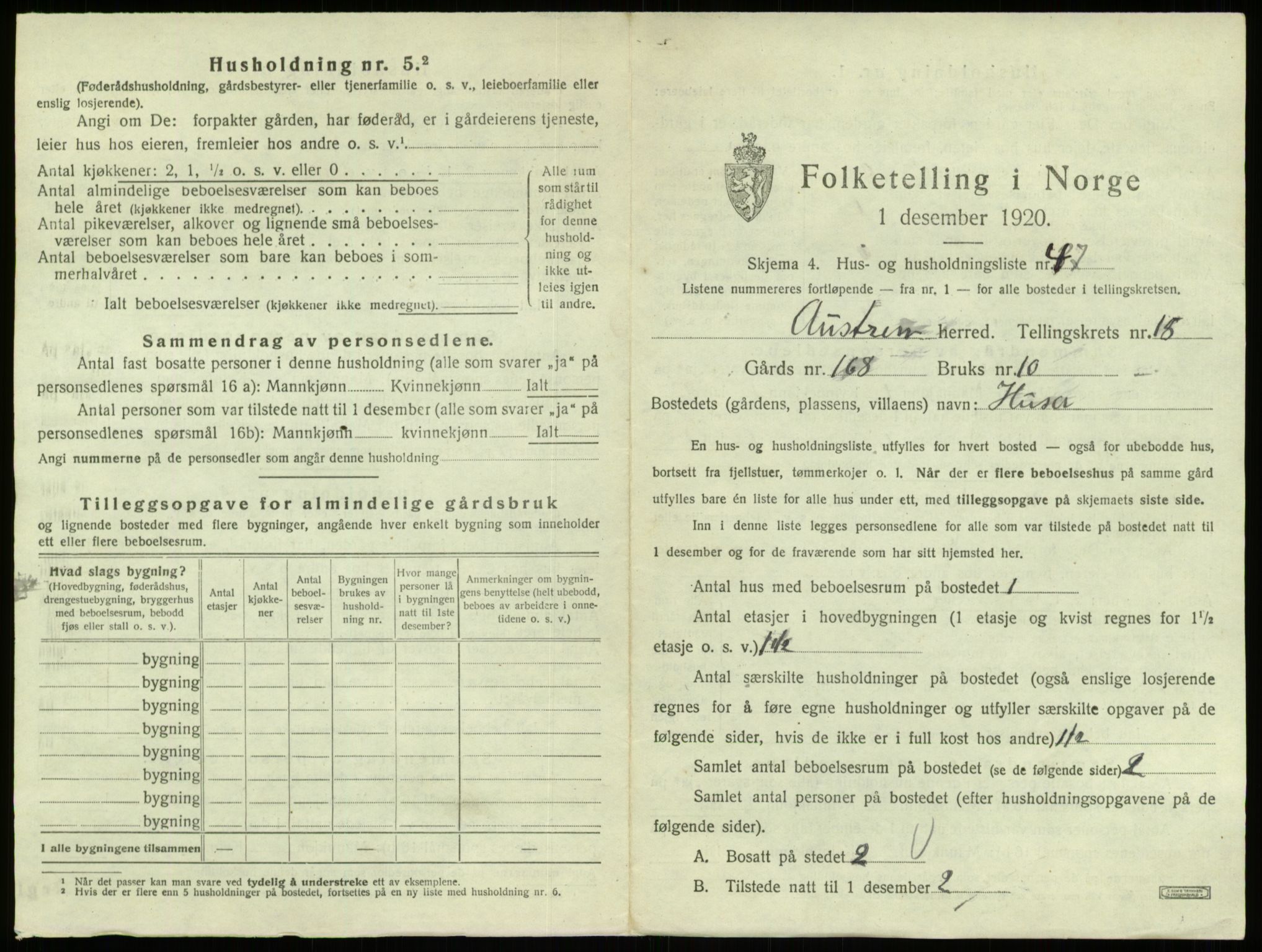 SAB, 1920 census for Austrheim, 1920, p. 944