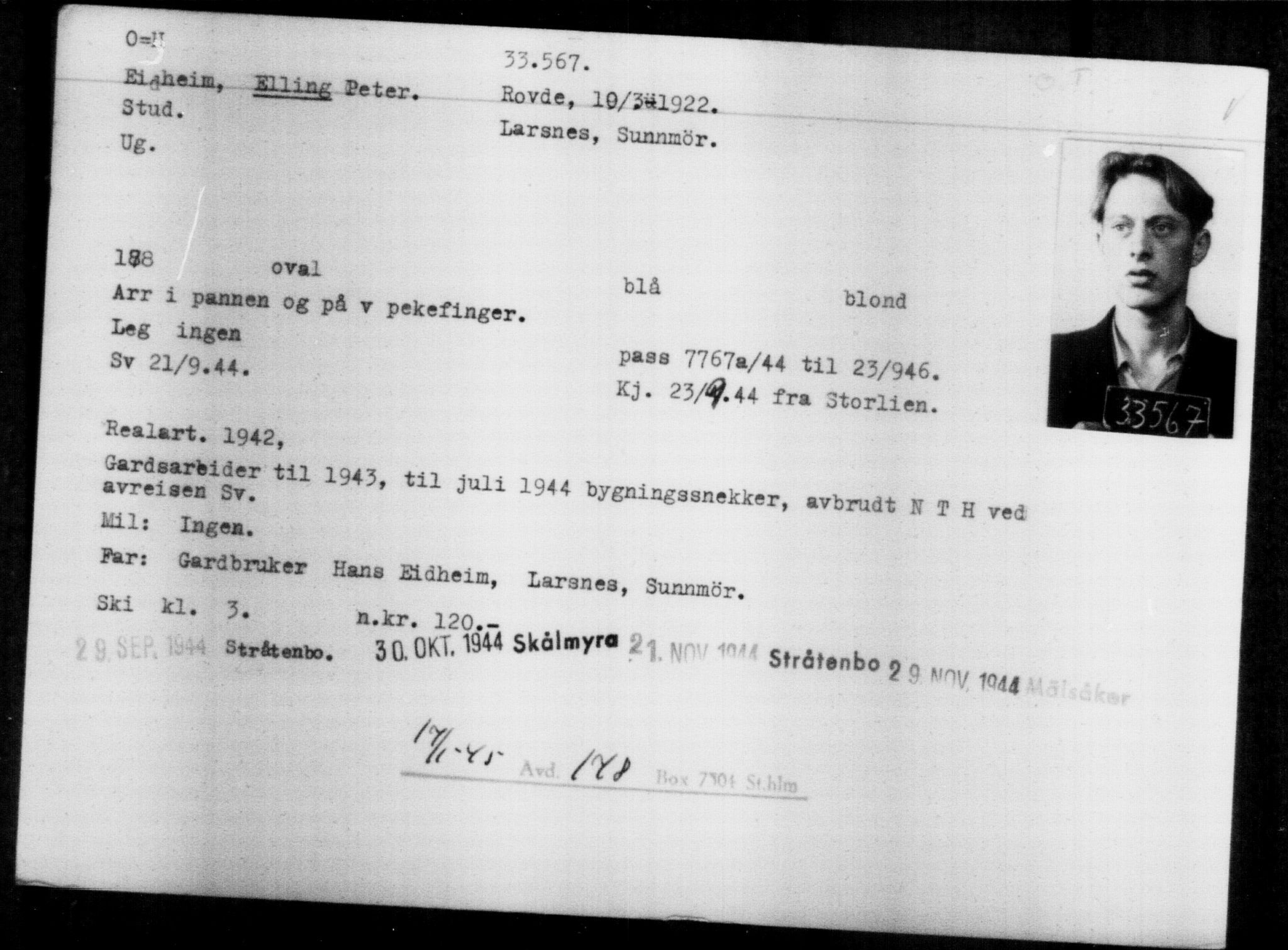 Utenriksstasjonene, Legasjonen i Stockholm, Flyktningkontoret, AV/RA-S-6753/V/Va/L0013: Kjesäterkartoteket, flyktninger med registreringsnr. 31500-34731, 1940-1945, p. 2183