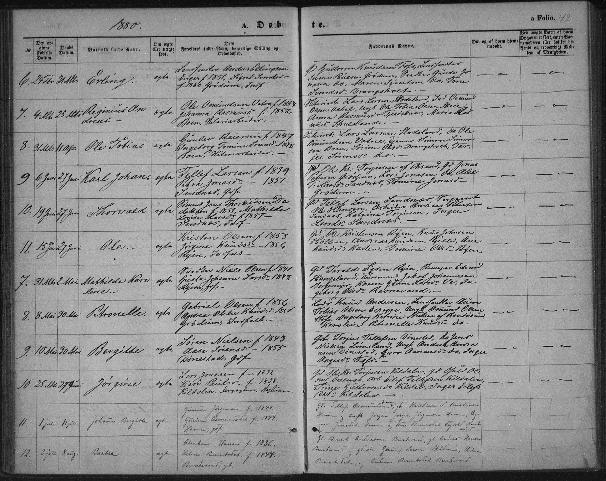 Tveit sokneprestkontor, AV/SAK-1111-0043/F/Fa/L0006: Parish register (official) no. A 6, 1872-1886, p. 42