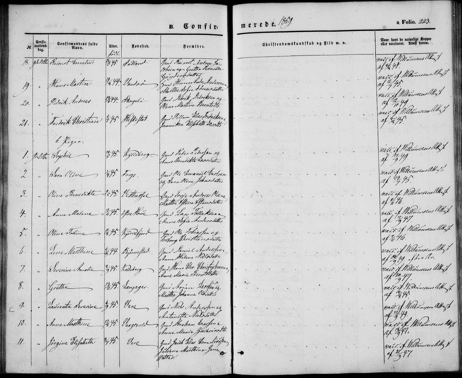 Lista sokneprestkontor, AV/SAK-1111-0027/F/Fb/L0002: Parish register (copy) no. B 2, 1847-1862, p. 223