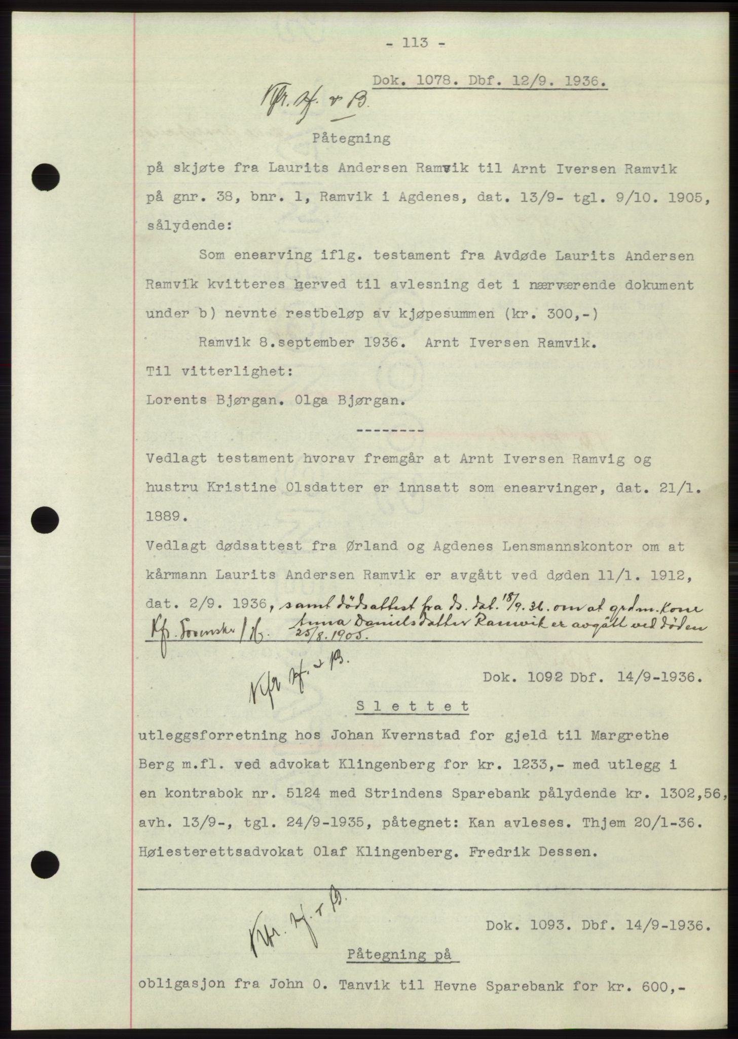 Hitra sorenskriveri, AV/SAT-A-0018/2/2C/2Ca: Mortgage book no. C1, 1936-1945, Diary no: : 1078/1936