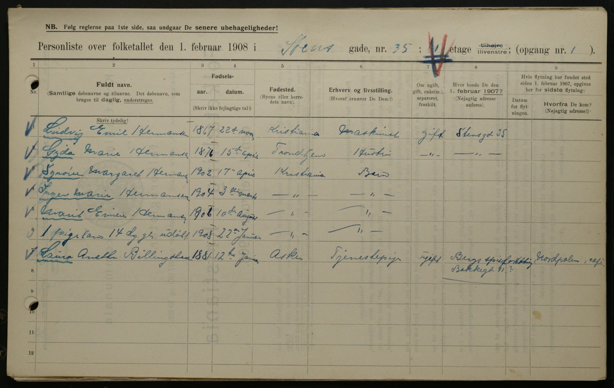 OBA, Municipal Census 1908 for Kristiania, 1908, p. 91937