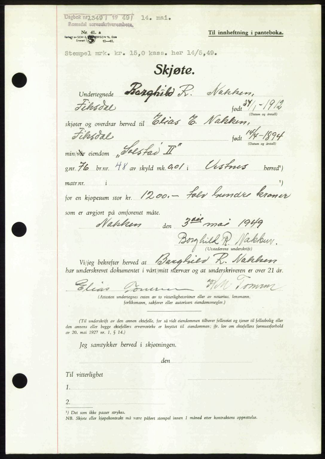 Romsdal sorenskriveri, AV/SAT-A-4149/1/2/2C: Mortgage book no. A29, 1949-1949, Diary no: : 1349/1949