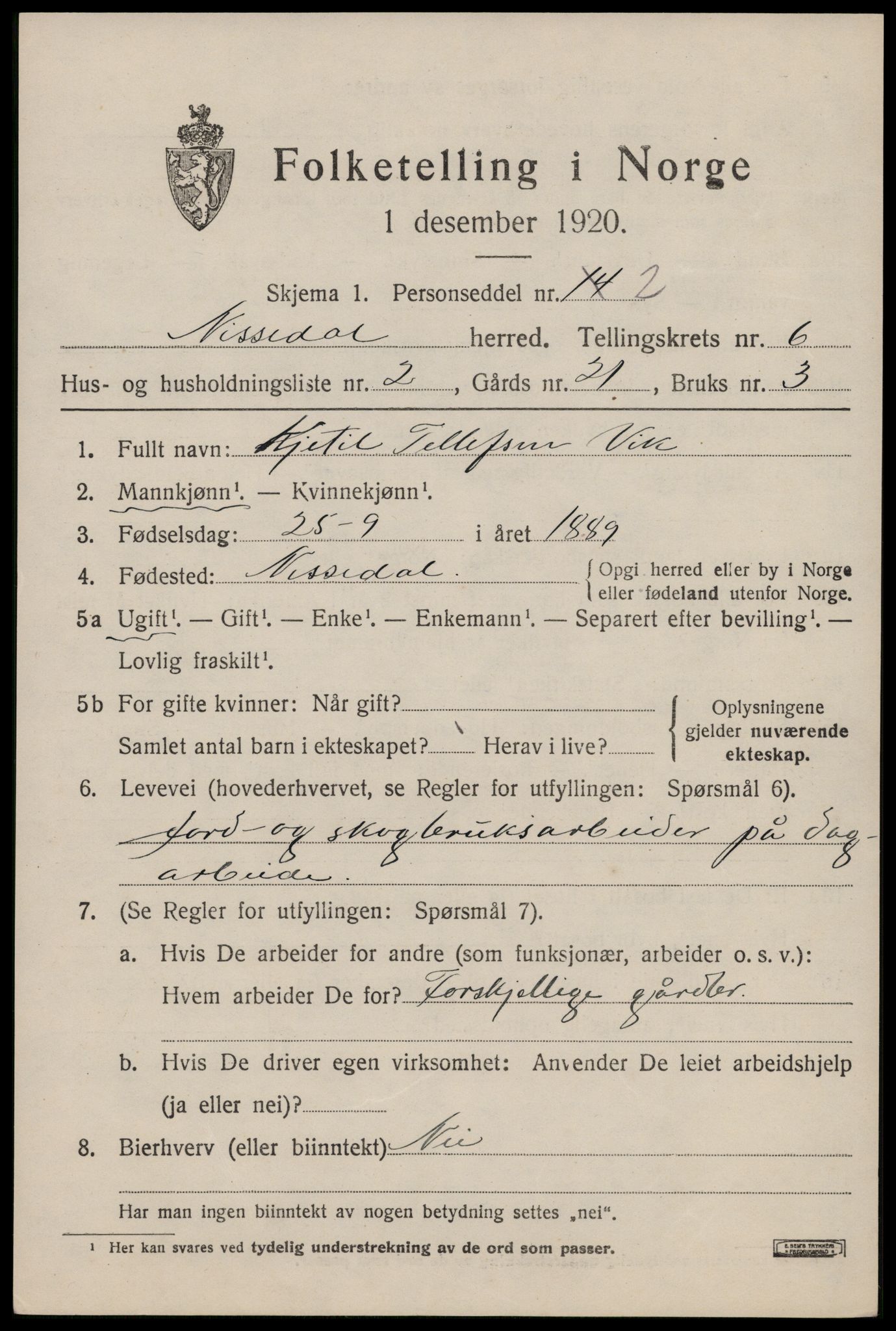 SAKO, 1920 census for Nissedal, 1920, p. 2297