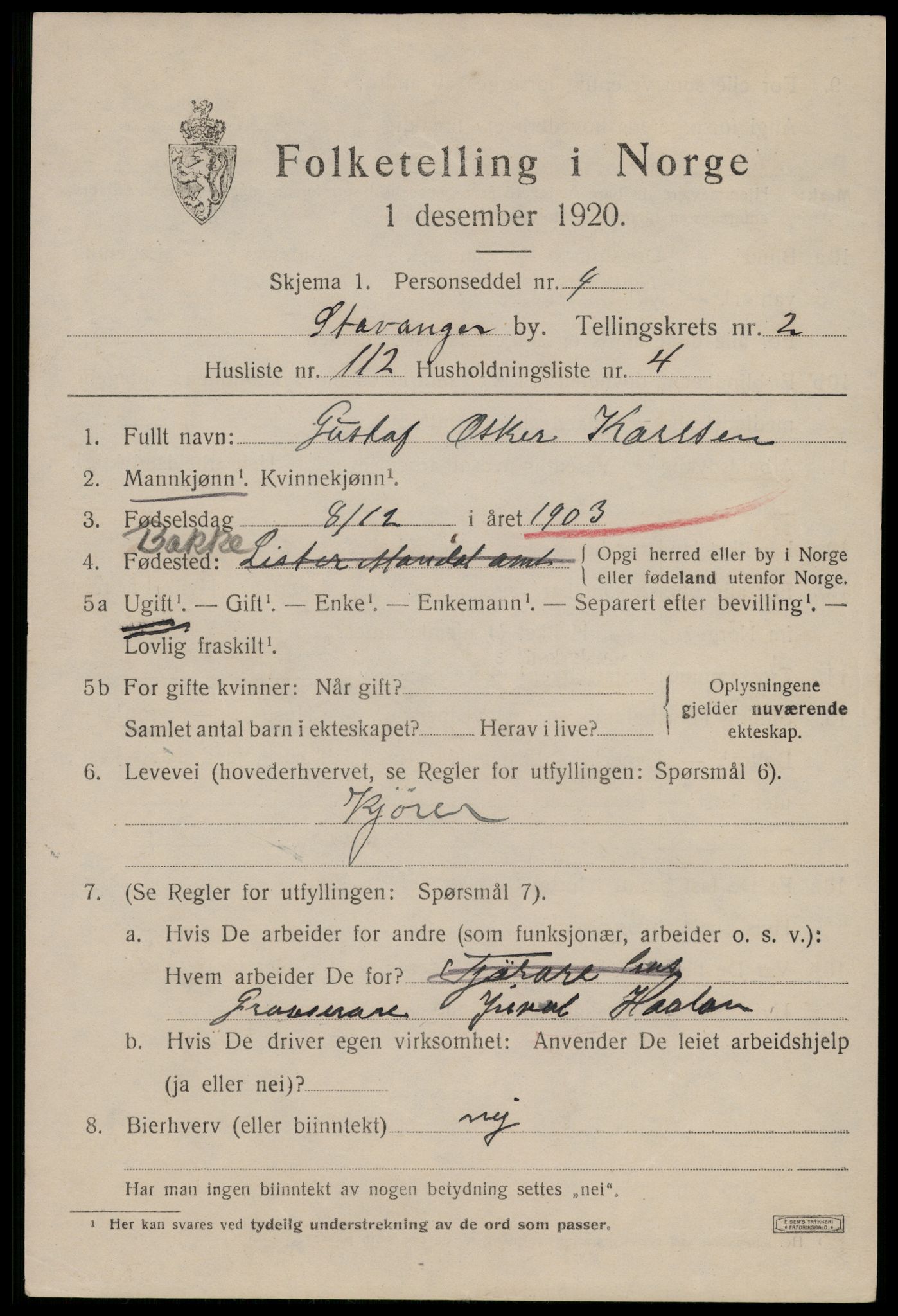 SAST, 1920 census for Stavanger, 1920, p. 35462