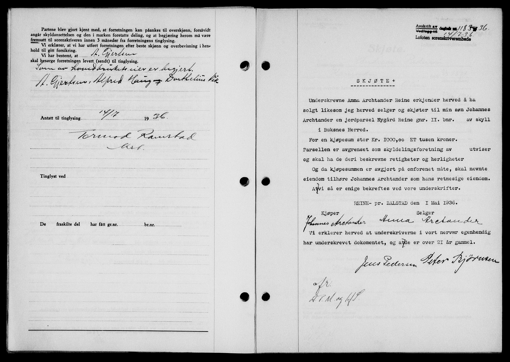 Lofoten sorenskriveri, SAT/A-0017/1/2/2C/L0001a: Mortgage book no. 1a, 1936-1937, Diary no: : 1183/1936