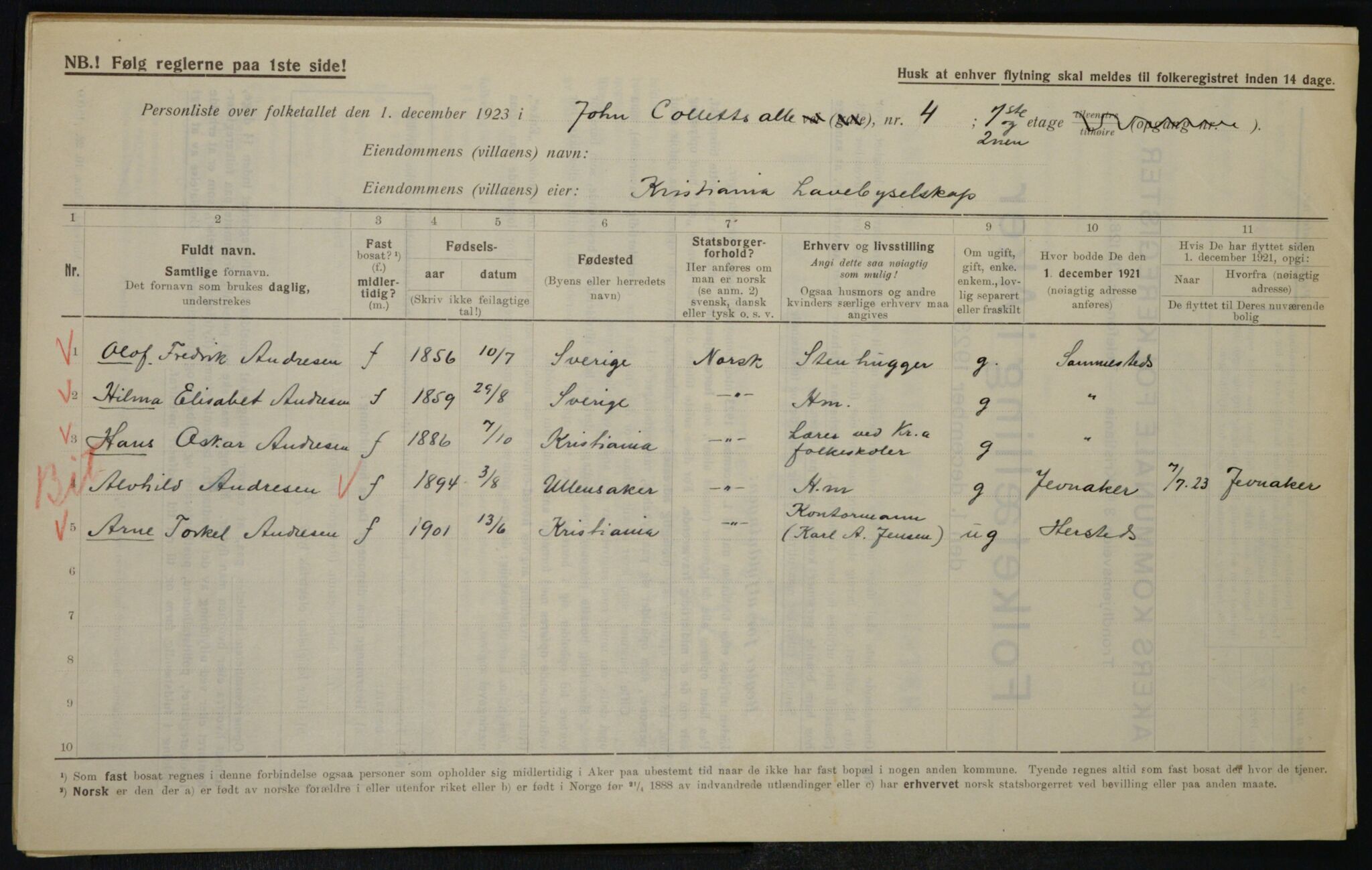 , Municipal Census 1923 for Aker, 1923, p. 20697