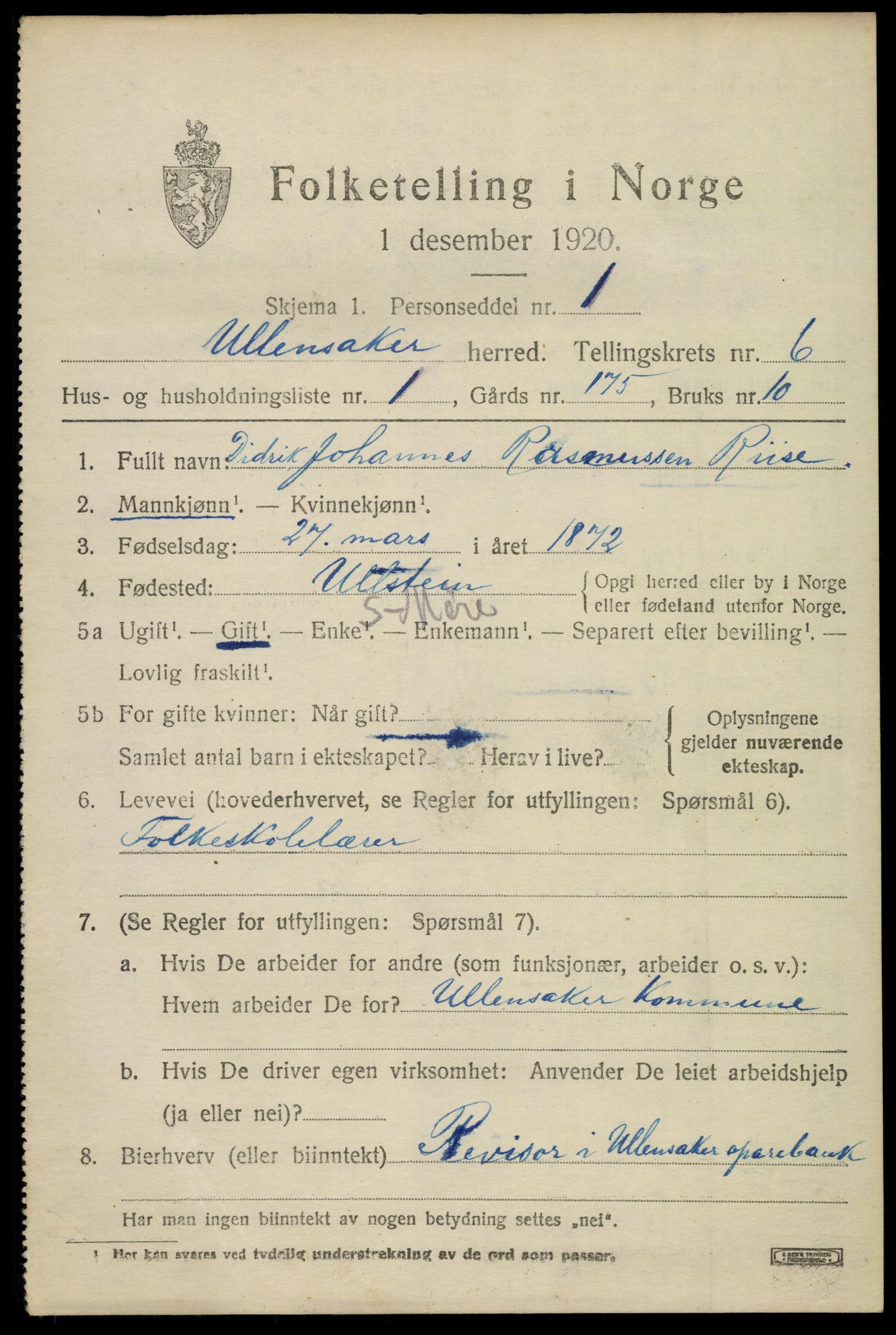 SAO, 1920 census for Ullensaker, 1920, p. 10449