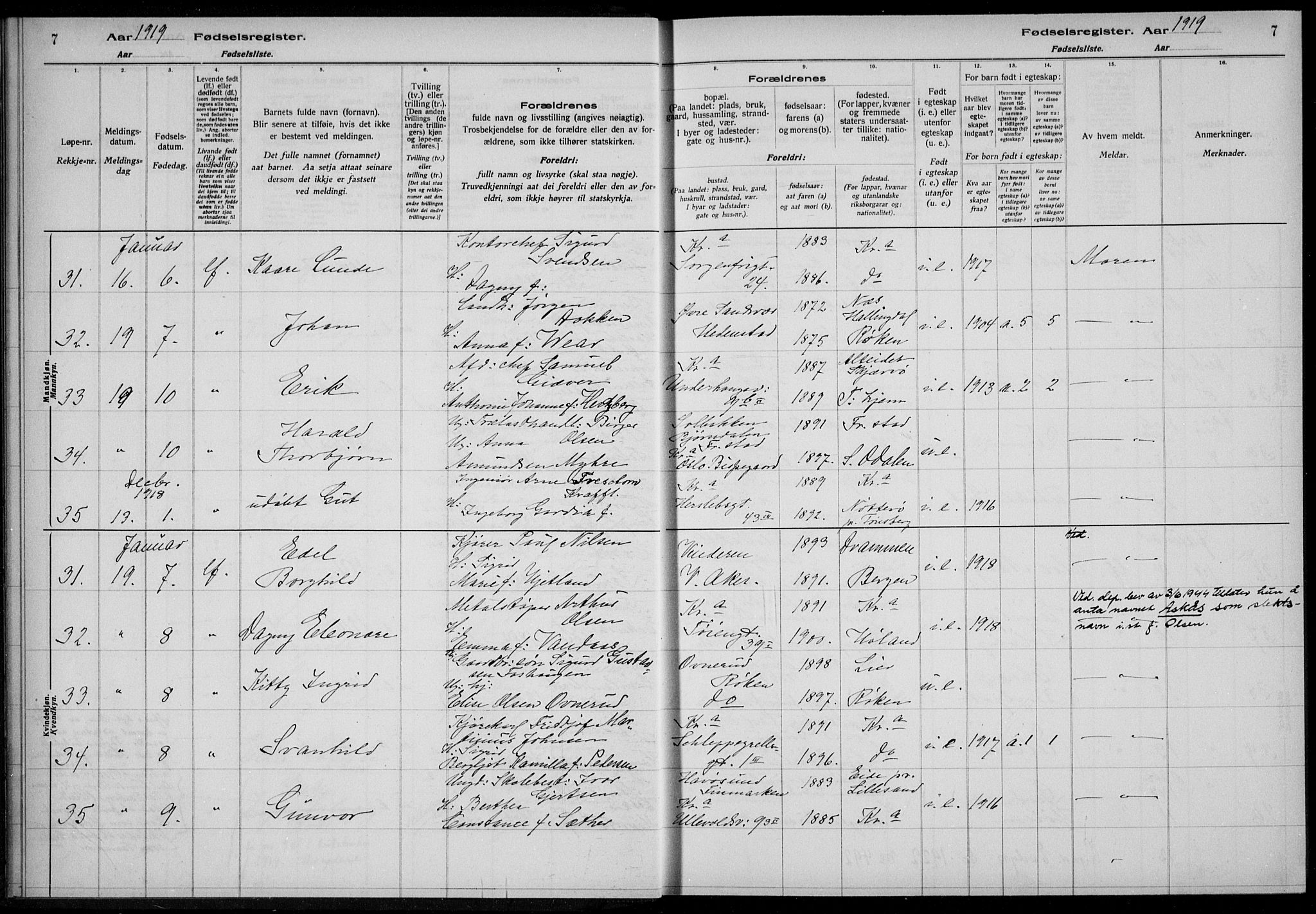 Rikshospitalet prestekontor Kirkebøker, AV/SAO-A-10309b/J/L0004: Birth register no. 4, 1919-1919, p. 7