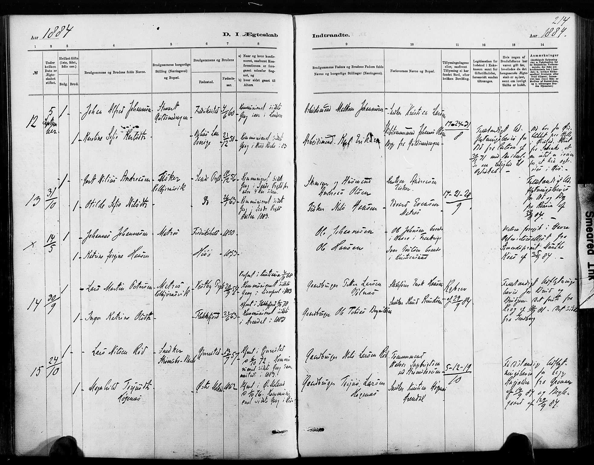 Hisøy sokneprestkontor, AV/SAK-1111-0020/F/Fa/L0003: Parish register (official) no. A 3, 1881-1894, p. 214