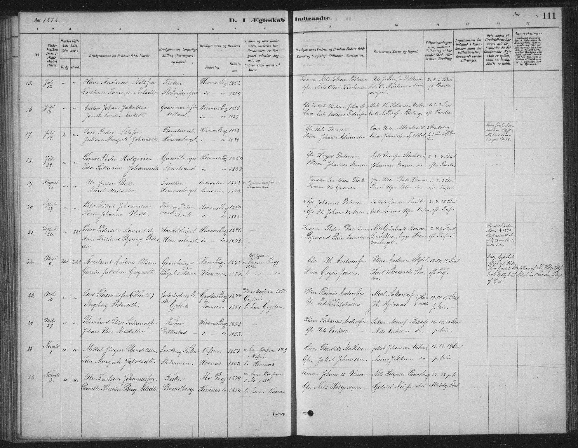 Ministerialprotokoller, klokkerbøker og fødselsregistre - Nordland, AV/SAT-A-1459/825/L0361: Parish register (official) no. 825A15, 1878-1893, p. 111