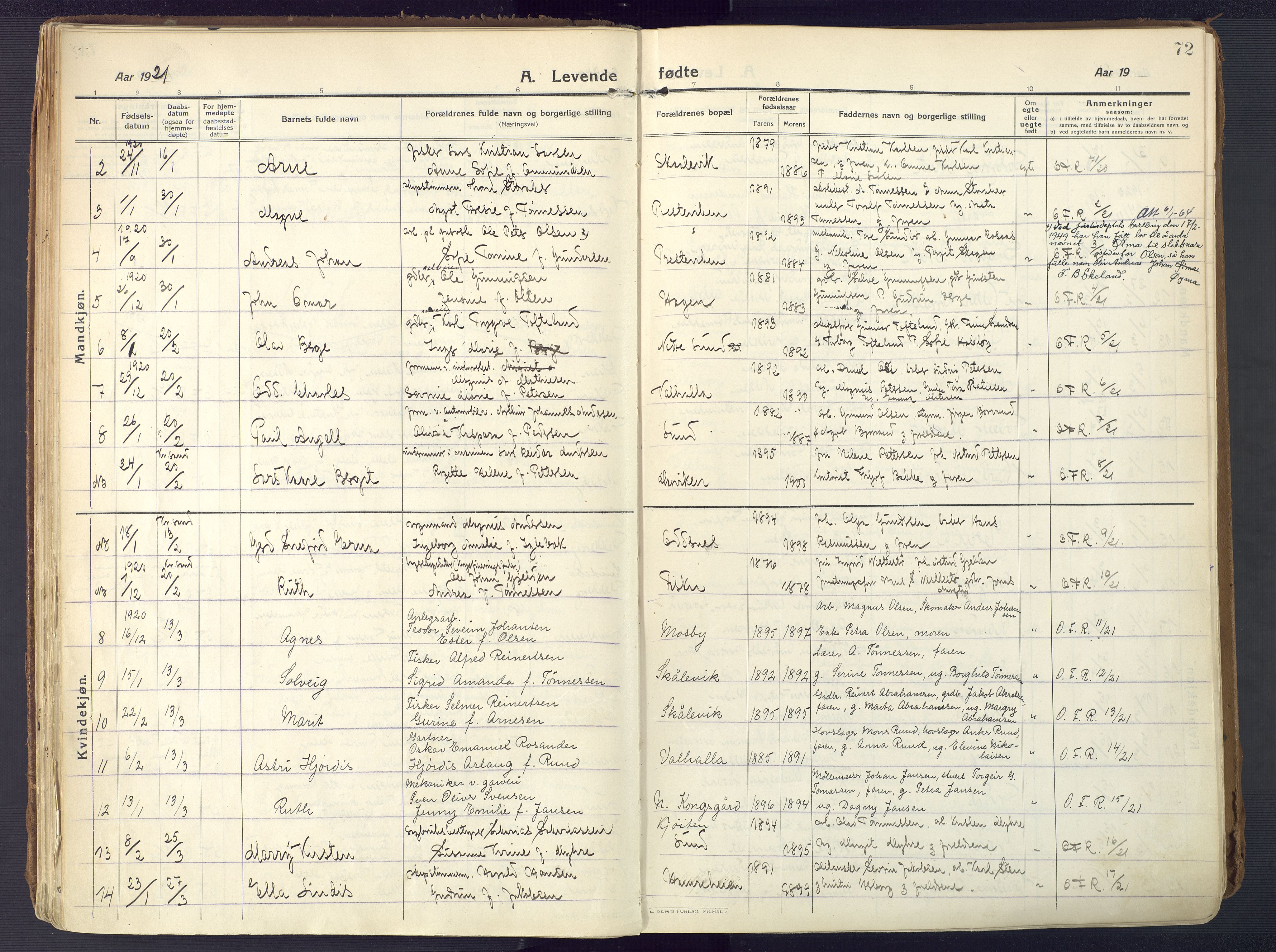 Oddernes sokneprestkontor, AV/SAK-1111-0033/F/Fa/Faa/L0012: Parish register (official) no. A 12, 1912-1925, p. 72