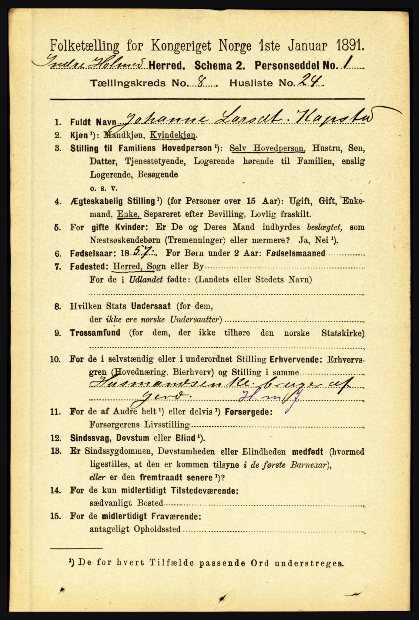 RA, 1891 census for 1430 Indre Holmedal, 1891, p. 3580