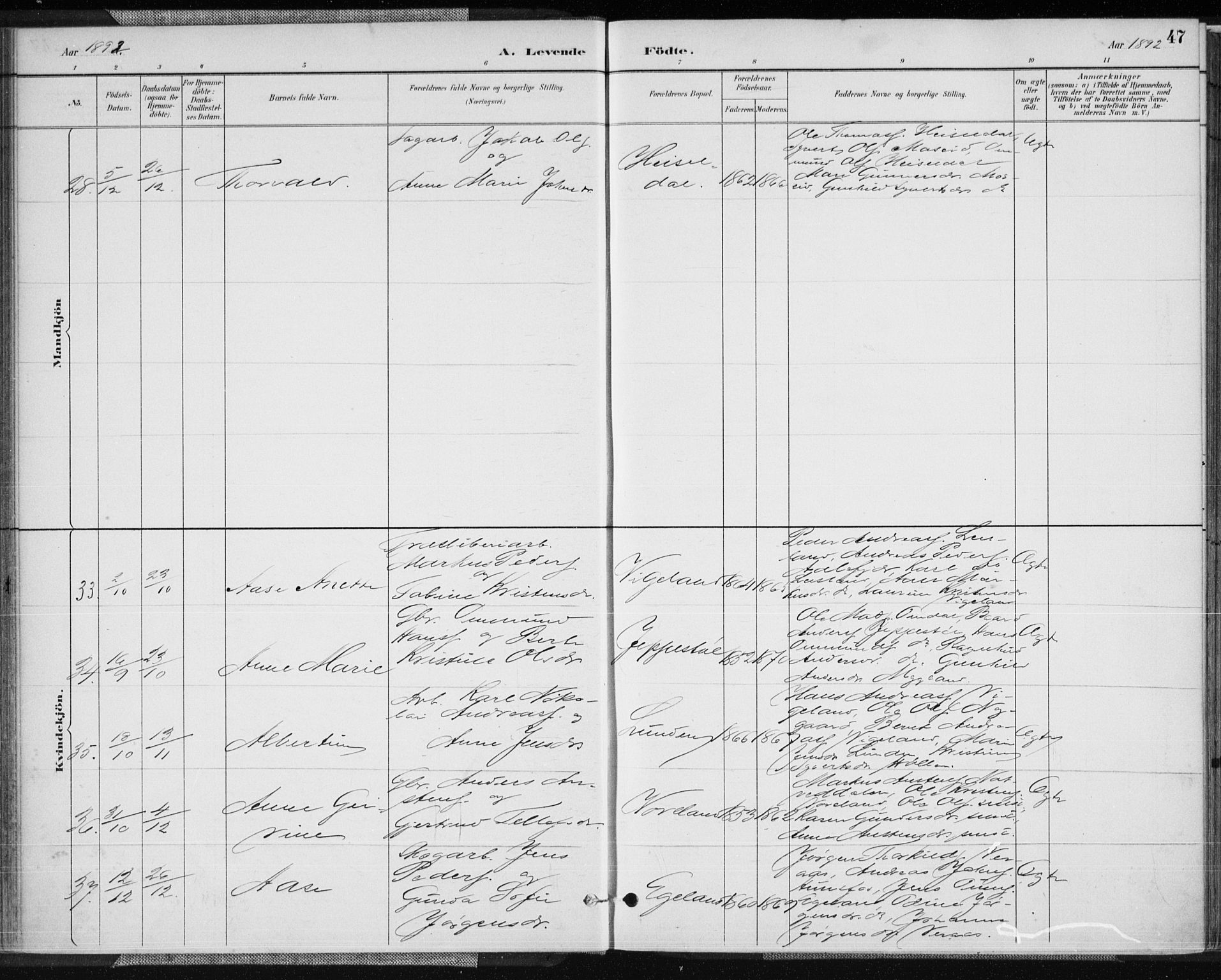 Vennesla sokneprestkontor, AV/SAK-1111-0045/Fa/Fab/L0004: Parish register (official) no. A 4, 1884-1896, p. 47