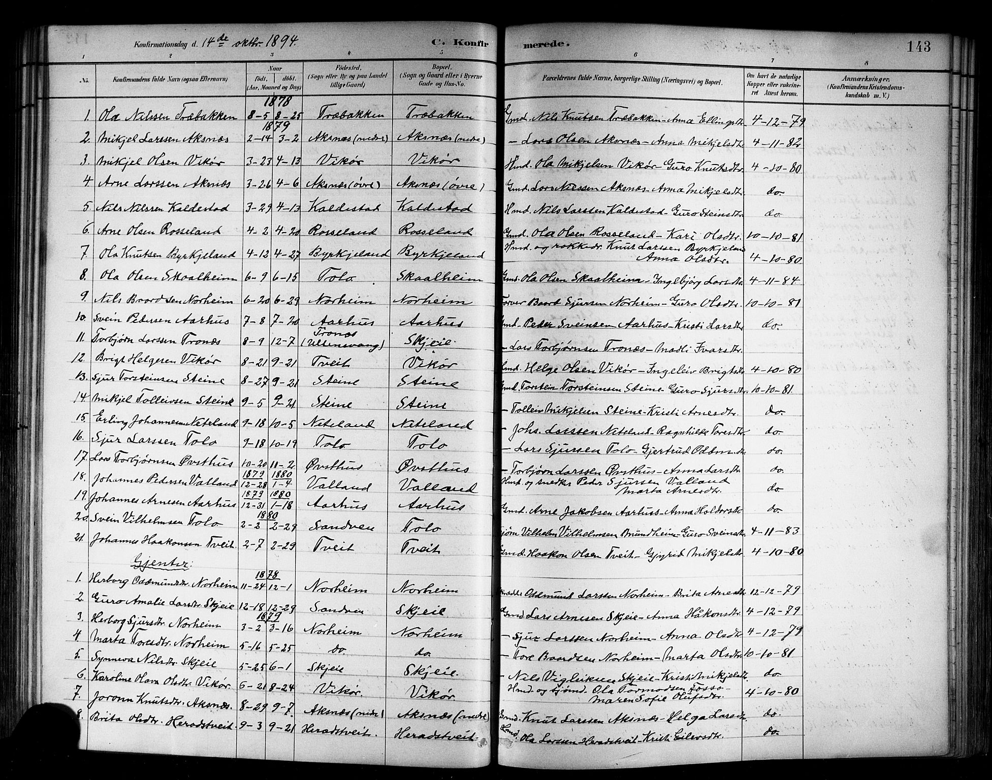 Kvam sokneprestembete, SAB/A-76201/H/Hab: Parish register (copy) no. B 3, 1884-1916, p. 143