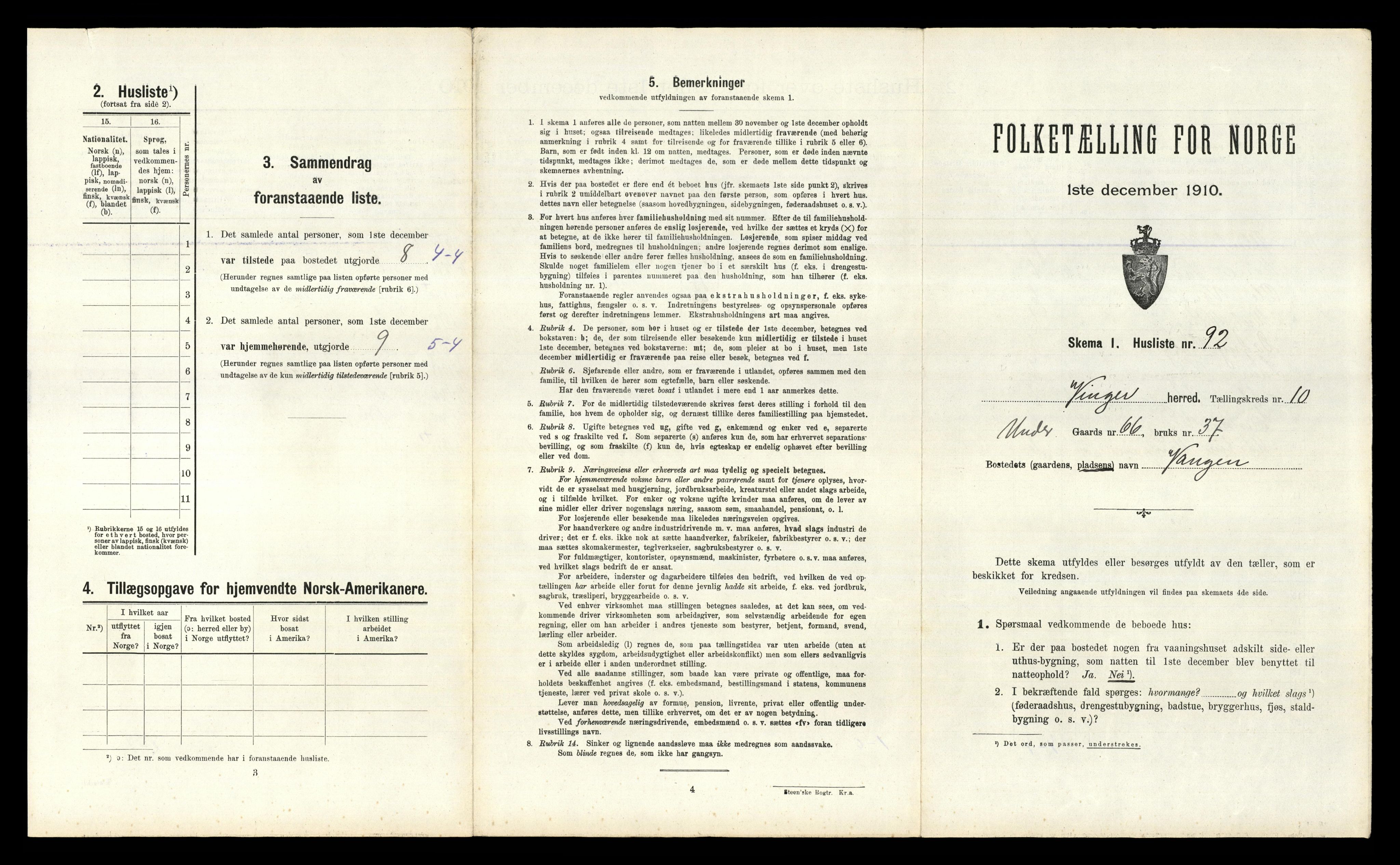 RA, 1910 census for Vinger, 1910, p. 1291