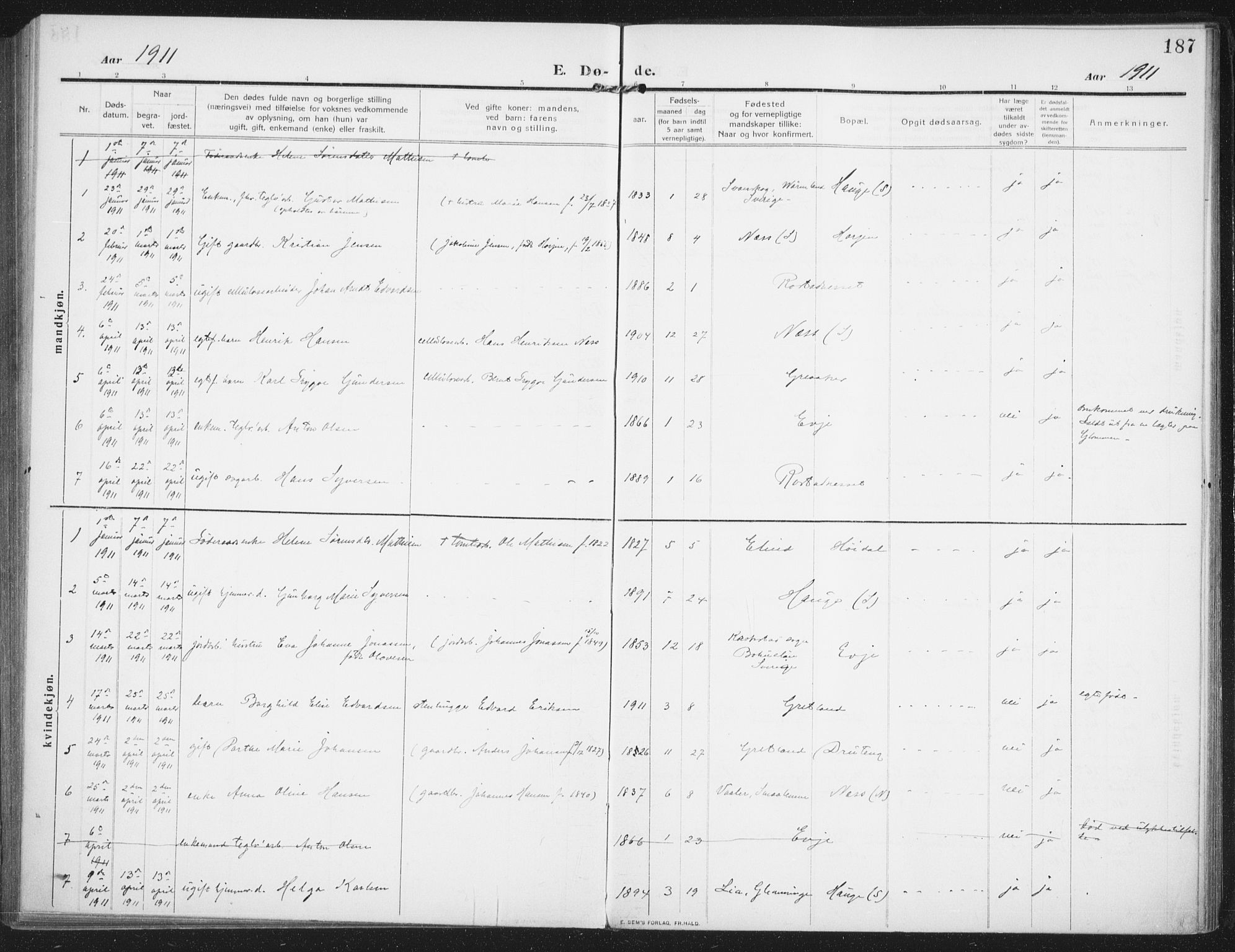 Rolvsøy prestekontor Kirkebøker, SAO/A-2004/F/Fa/L0002: Parish register (official) no. 2, 1909-1917, p. 187