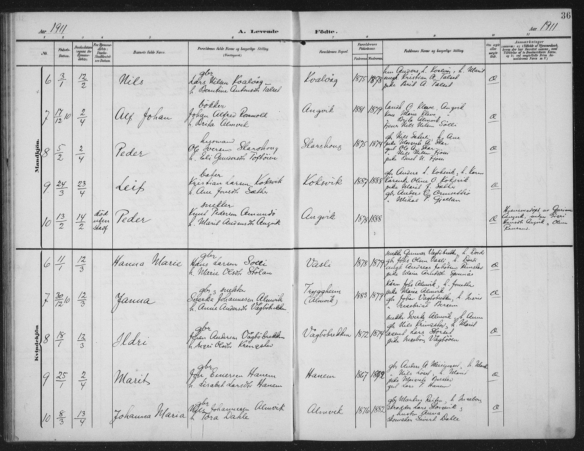 Ministerialprotokoller, klokkerbøker og fødselsregistre - Møre og Romsdal, AV/SAT-A-1454/586/L0989: Parish register (official) no. 586A15, 1906-1915, p. 36