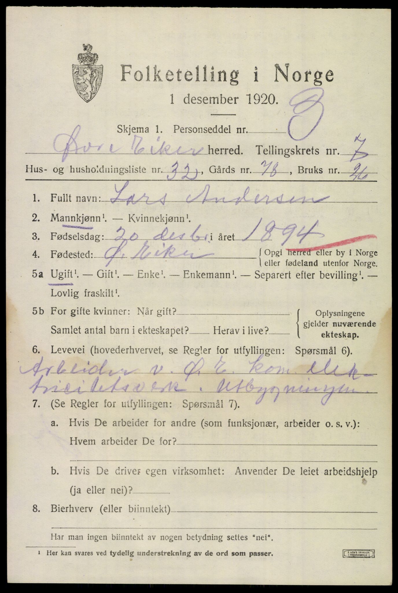 SAKO, 1920 census for Øvre Eiker, 1920, p. 13636