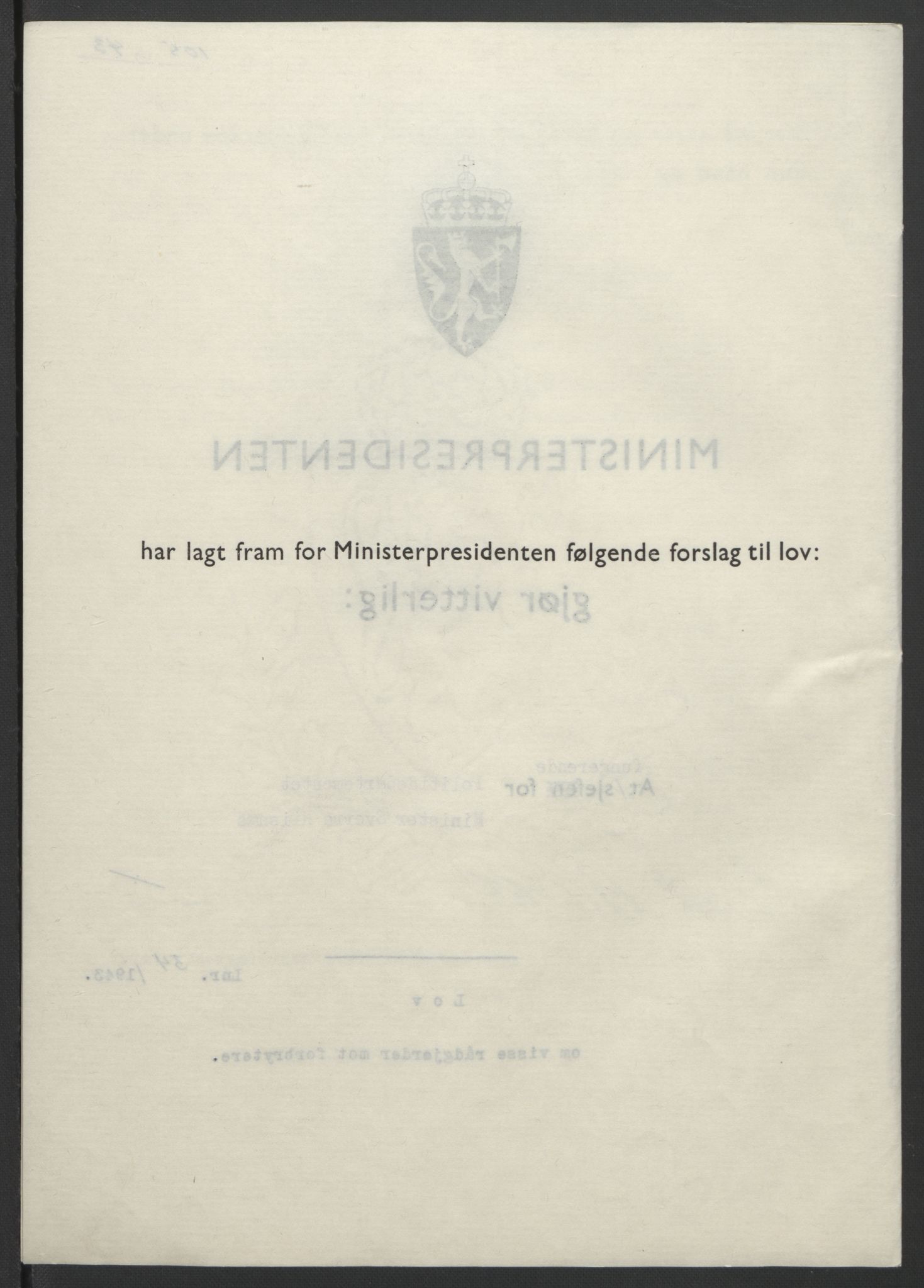 NS-administrasjonen 1940-1945 (Statsrådsekretariatet, de kommisariske statsråder mm), AV/RA-S-4279/D/Db/L0099: Lover, 1943, p. 242