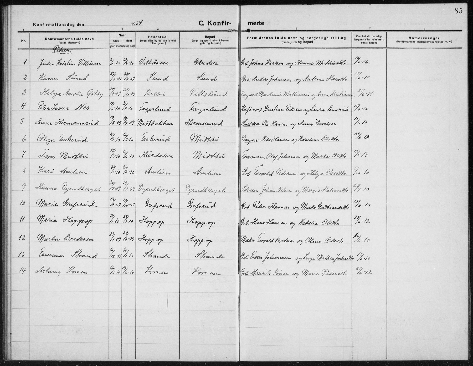 Kolbu prestekontor, SAH/PREST-110/H/Ha/Hab/L0006: Parish register (copy) no. 6, 1916-1934, p. 85