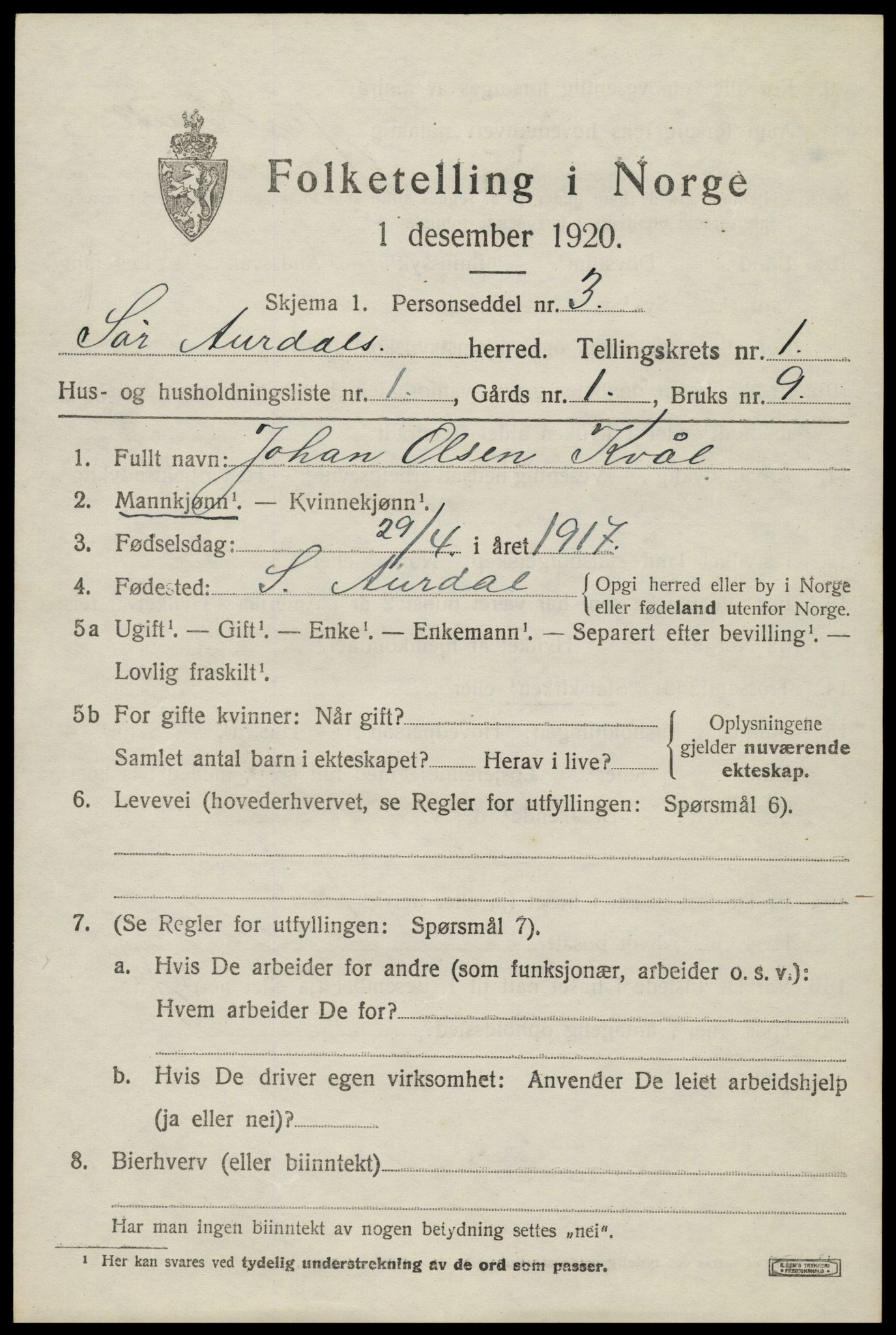 SAH, 1920 census for Sør-Aurdal, 1920, p. 1525