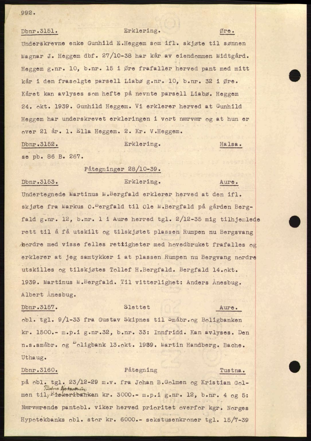 Nordmøre sorenskriveri, AV/SAT-A-4132/1/2/2Ca: Mortgage book no. C80, 1936-1939, Diary no: : 3151/1939