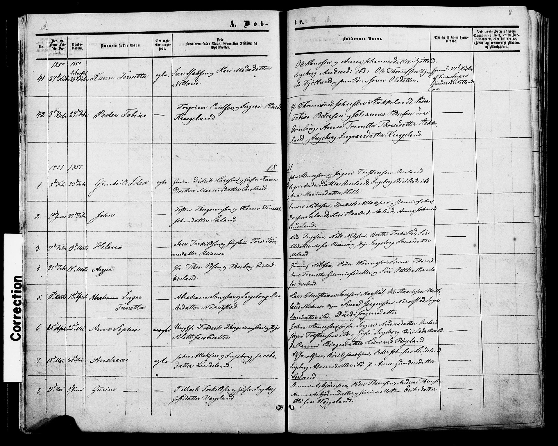 Fjotland sokneprestkontor, AV/SAK-1111-0010/F/Fa/L0001: Parish register (official) no. A 1, 1850-1879, p. 8