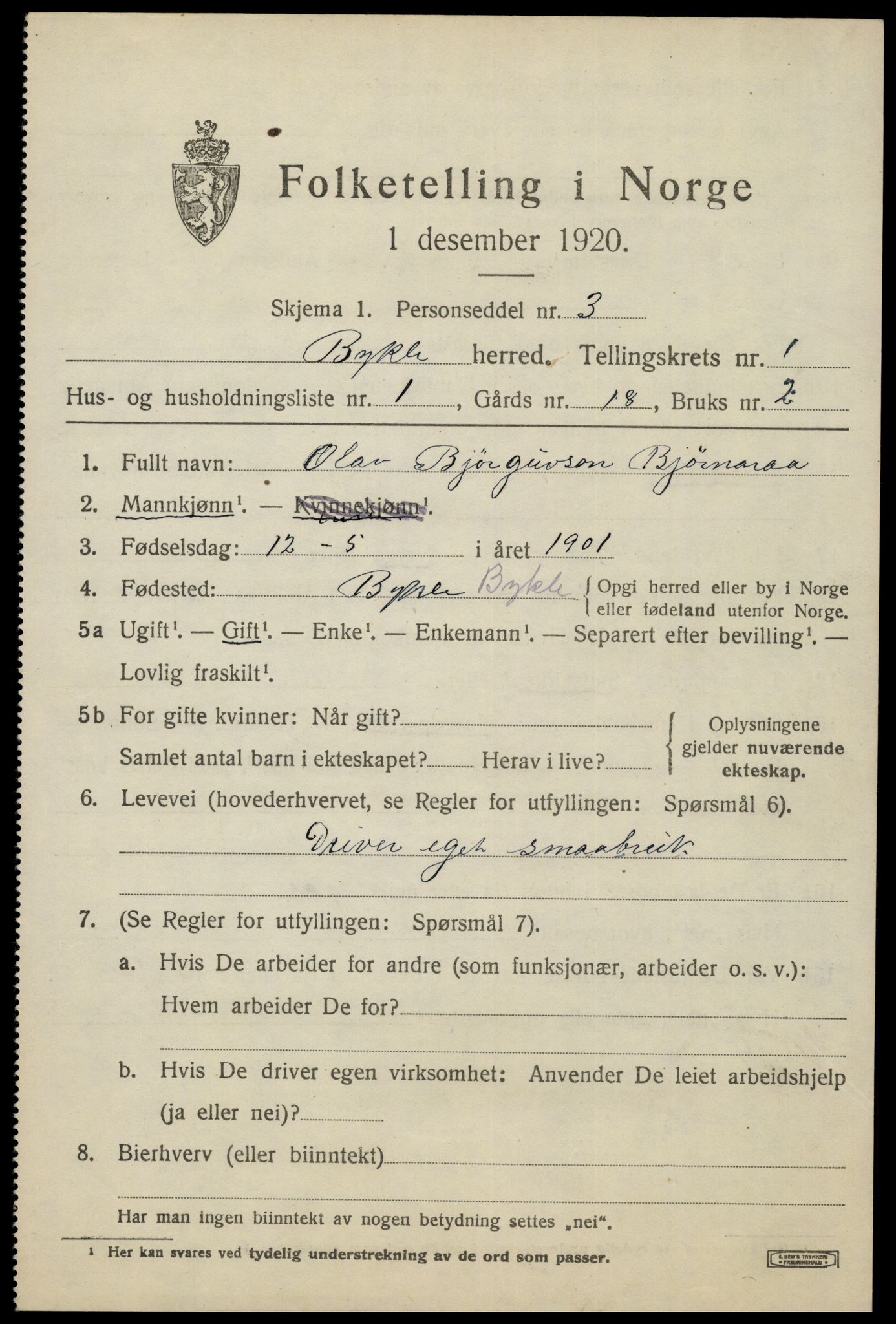 SAK, 1920 census for Bykle, 1920, p. 221