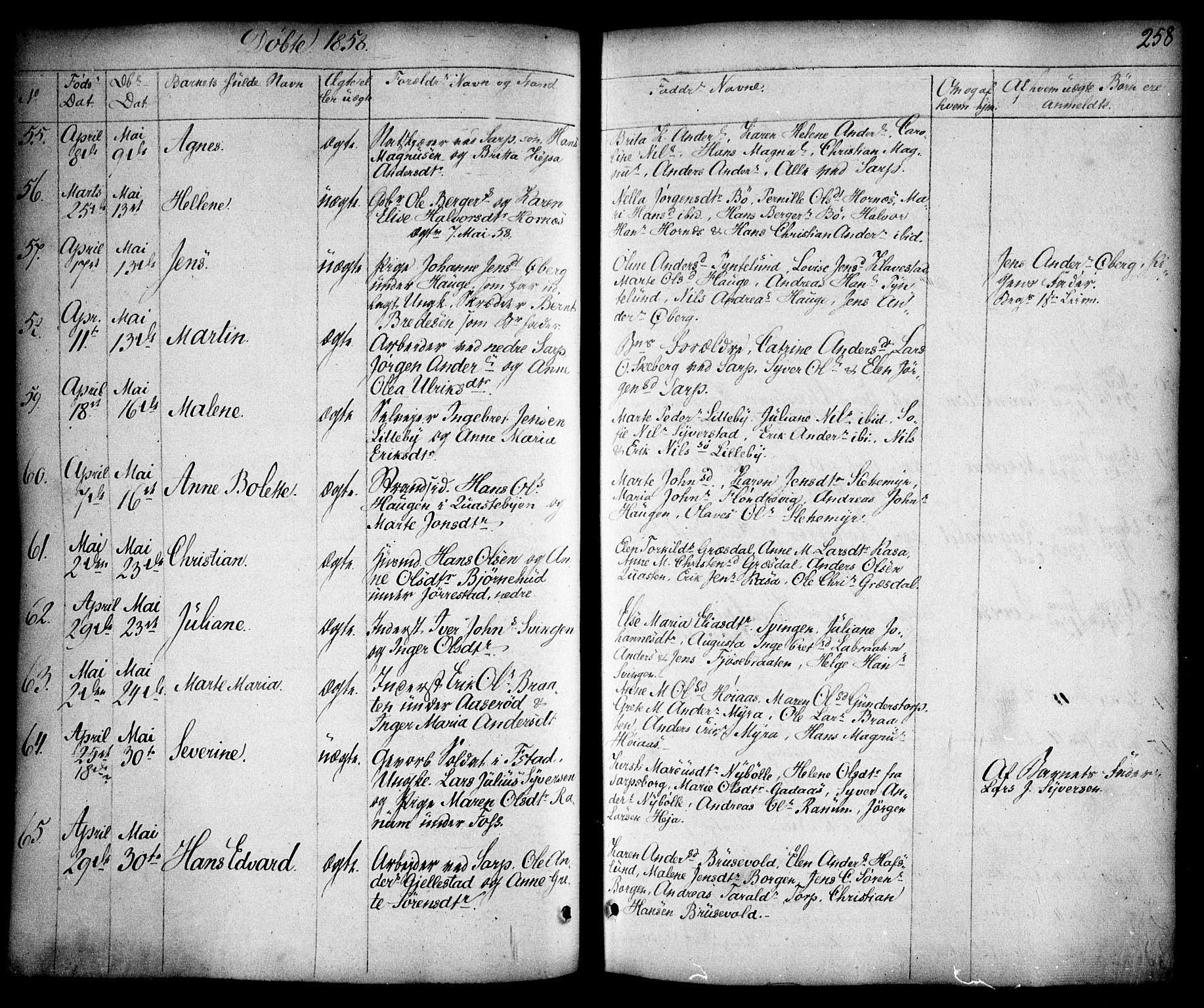 Skjeberg prestekontor Kirkebøker, SAO/A-10923/F/Fa/L0006: Parish register (official) no. I 6, 1846-1858, p. 258