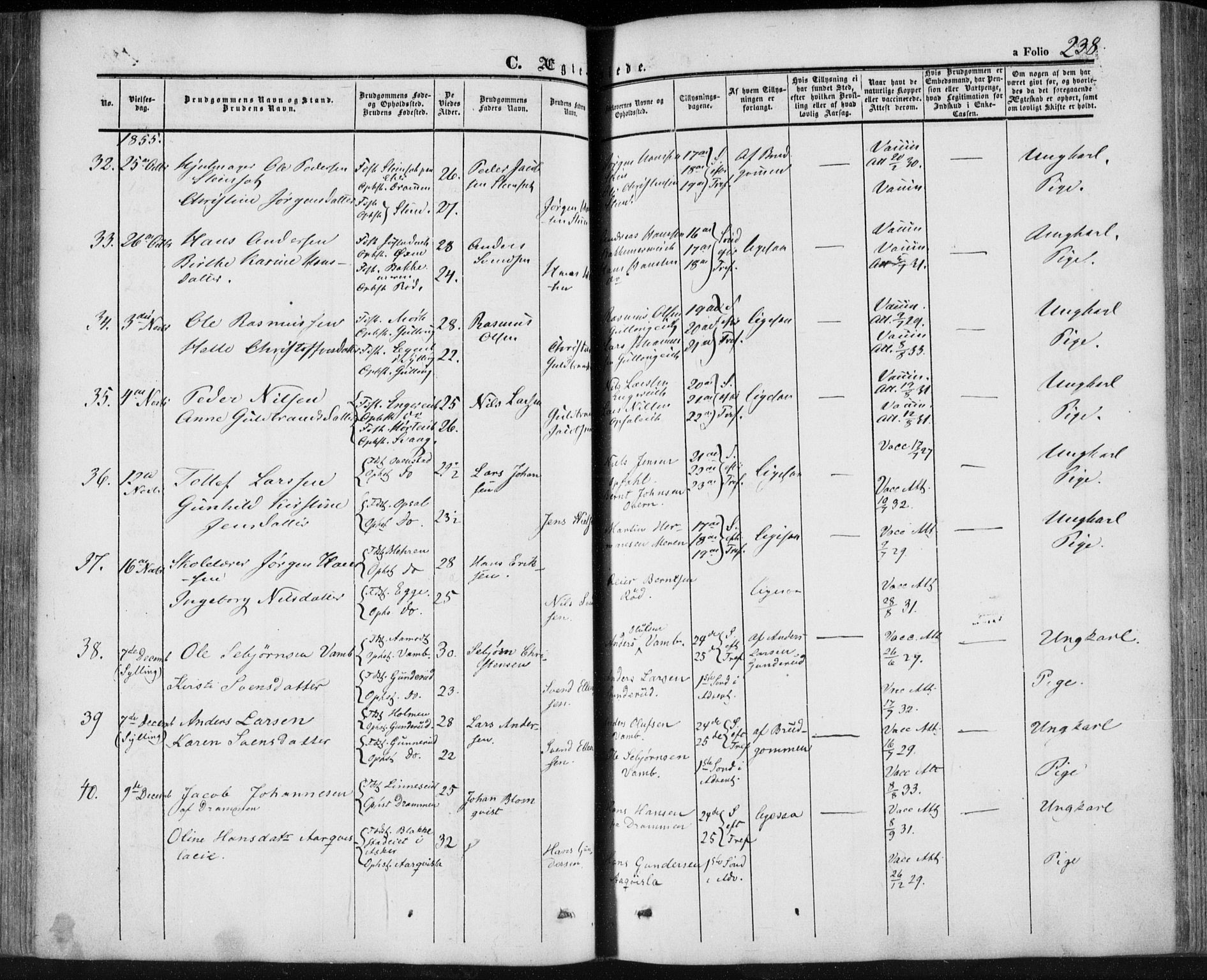 Lier kirkebøker, AV/SAKO-A-230/F/Fa/L0012: Parish register (official) no. I 12, 1854-1864, p. 238