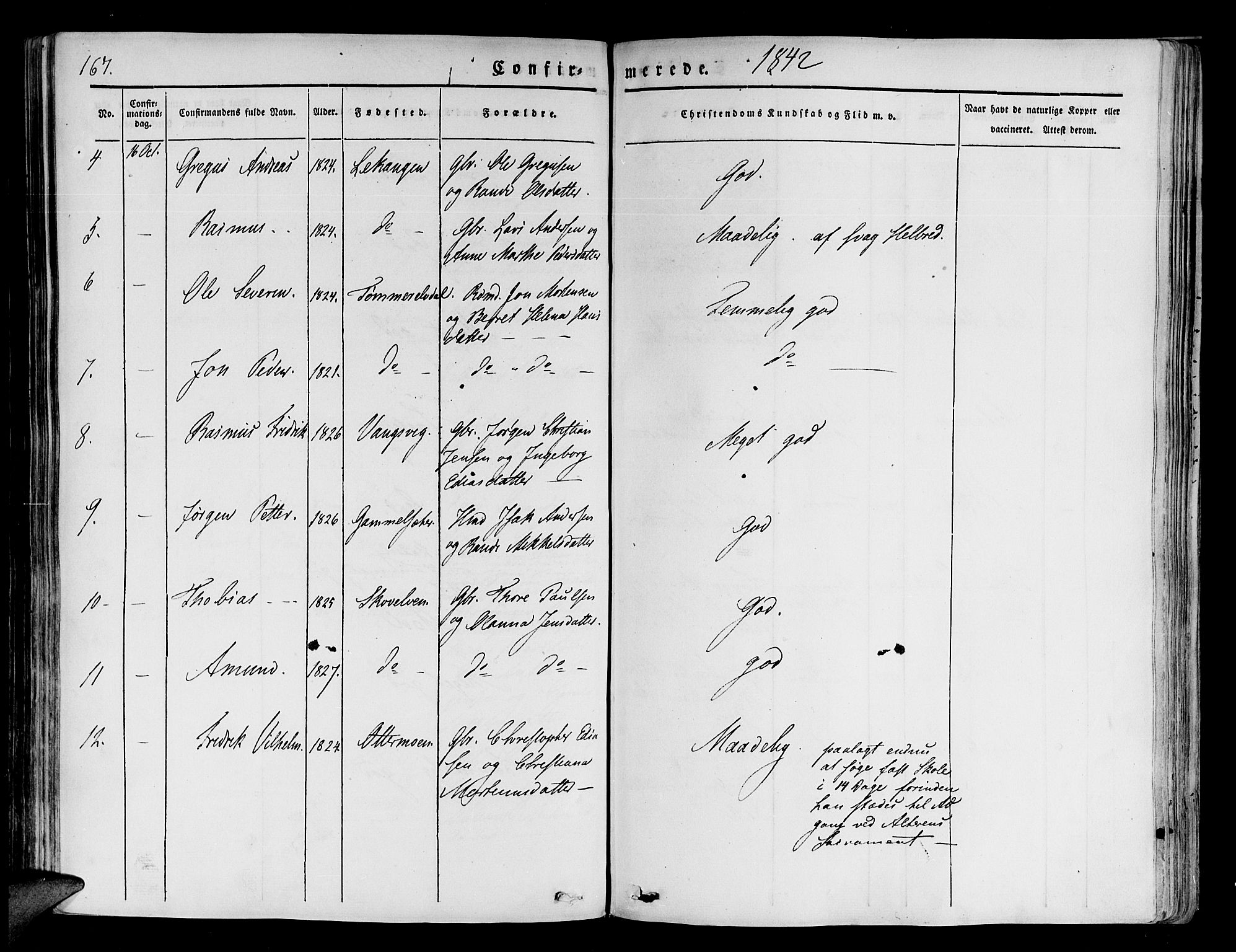 Tranøy sokneprestkontor, SATØ/S-1313/I/Ia/Iaa/L0005kirke: Parish register (official) no. 5, 1829-1844, p. 167
