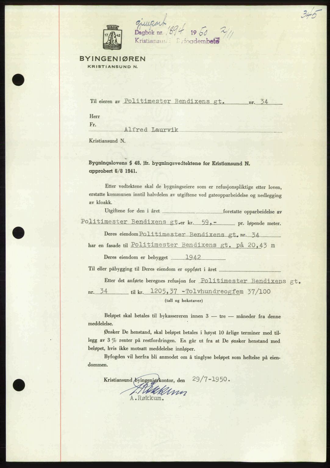 Kristiansund byfogd, AV/SAT-A-4587/A/27: Mortgage book no. 50, 1950-1950, Diary no: : 1894/1950