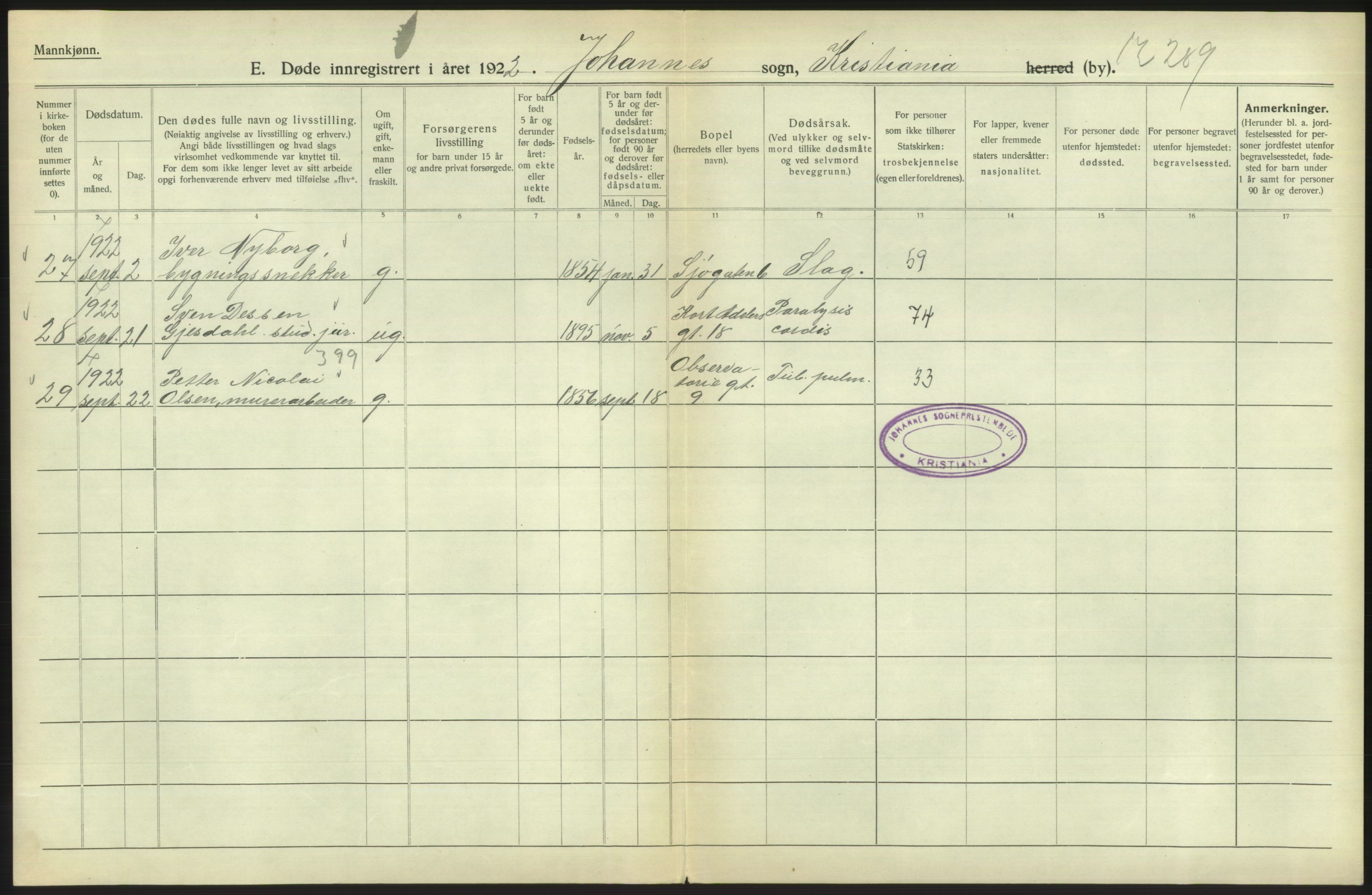 Statistisk sentralbyrå, Sosiodemografiske emner, Befolkning, AV/RA-S-2228/D/Df/Dfc/Dfcb/L0009: Kristiania: Døde, 1922, p. 136