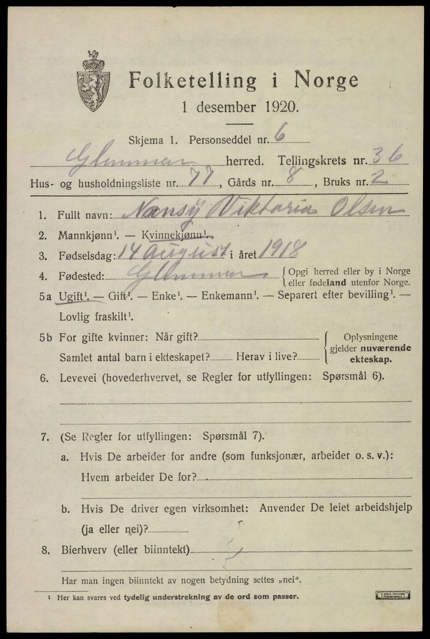 SAO, 1920 census for Glemmen, 1920, p. 10459