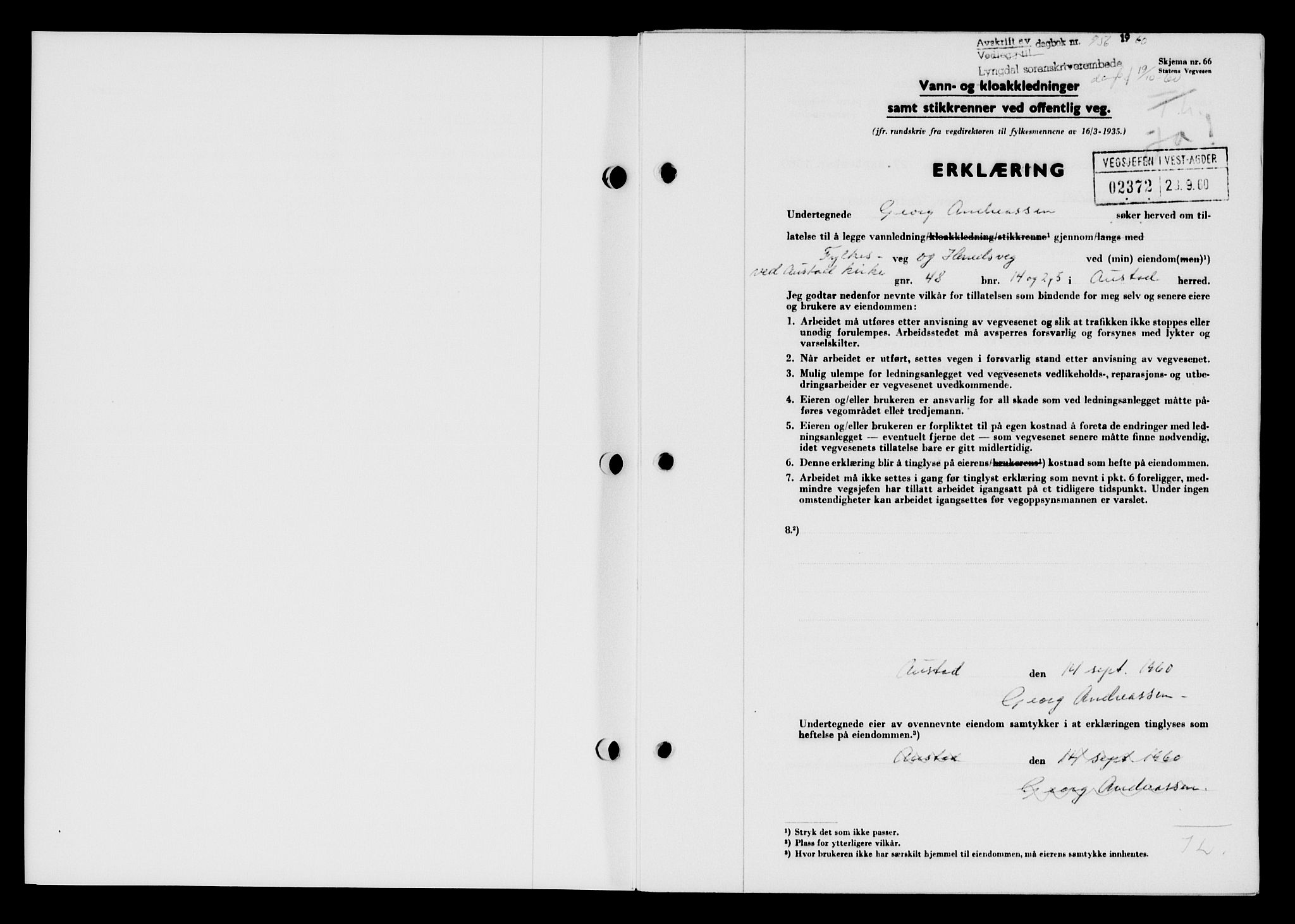 Lyngdal sorenskriveri, AV/SAK-1221-0004/G/Gb/L0680: Mortgage book no. A XXVI, 1960-1960, Diary no: : 956/1960