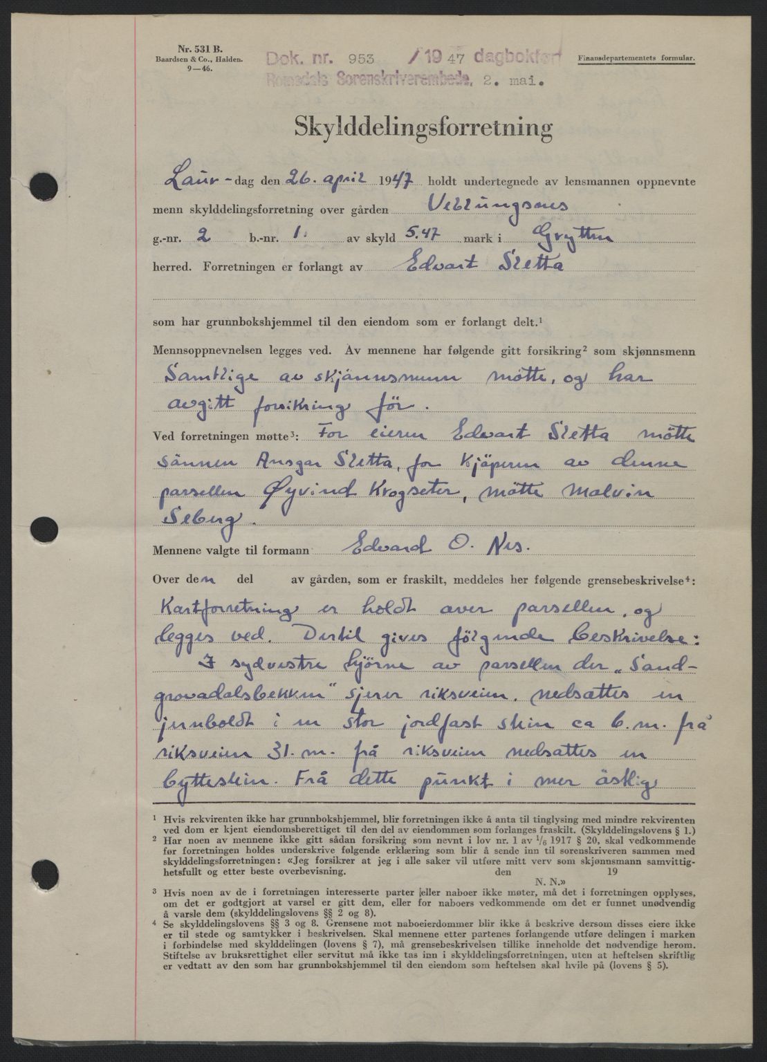 Romsdal sorenskriveri, AV/SAT-A-4149/1/2/2C: Mortgage book no. A22, 1947-1947, Diary no: : 953/1947