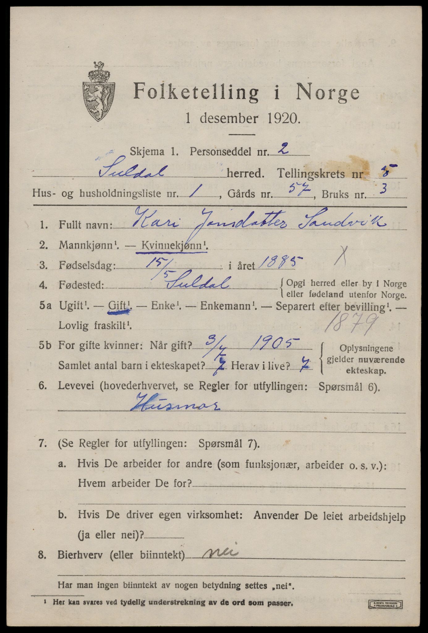 SAST, 1920 census for Suldal, 1920, p. 1338