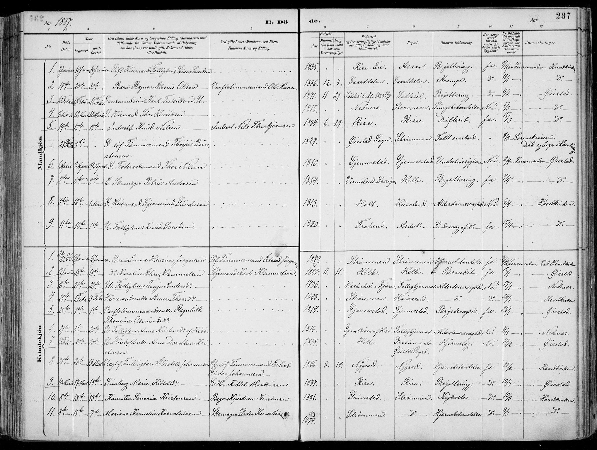 Øyestad sokneprestkontor, SAK/1111-0049/F/Fa/L0017: Parish register (official) no. A 17, 1887-1896, p. 237