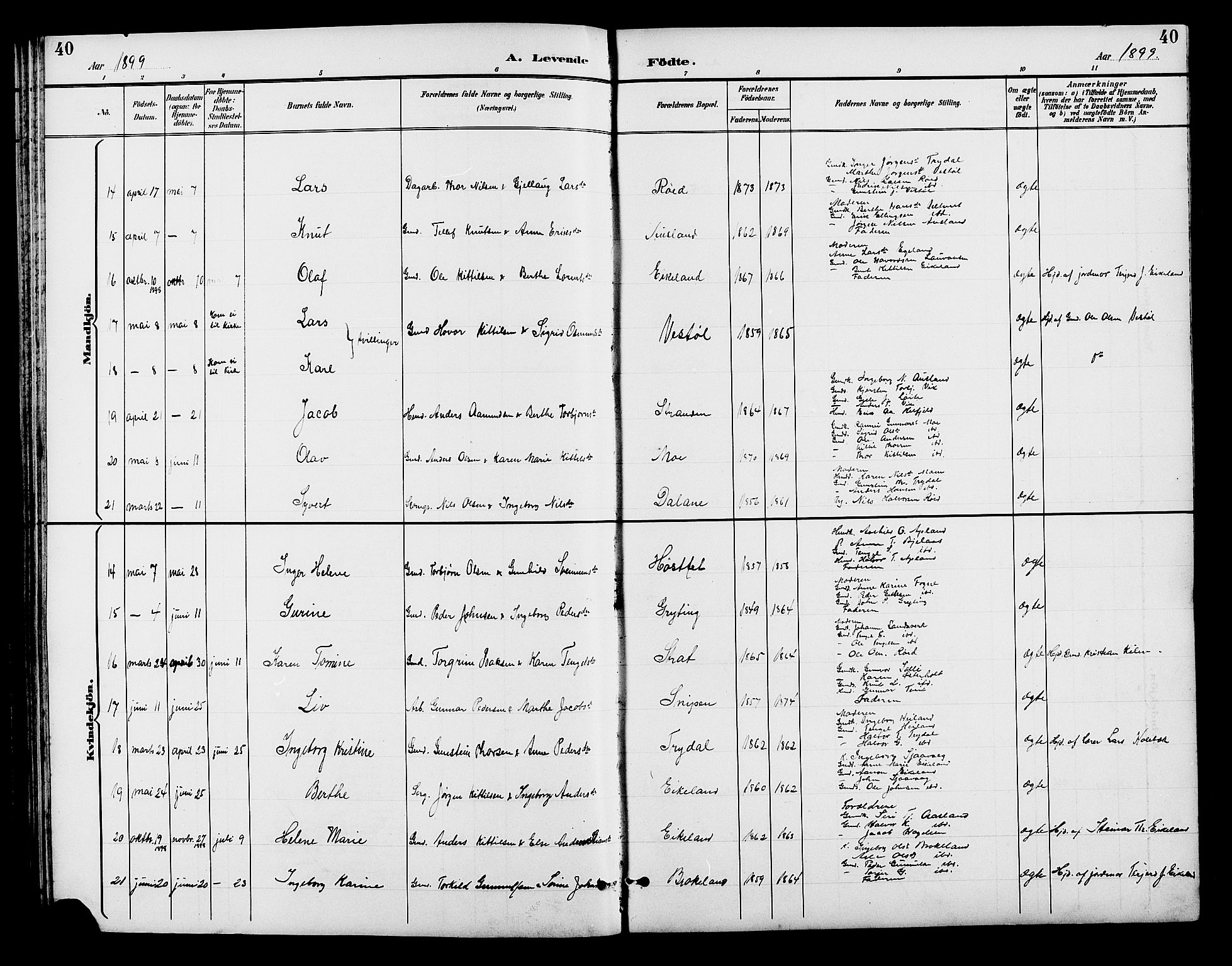 Gjerstad sokneprestkontor, AV/SAK-1111-0014/F/Fb/Fba/L0007: Parish register (copy) no. B 7, 1891-1908, p. 40