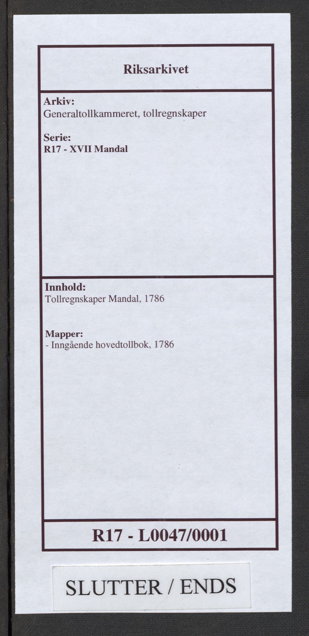 Generaltollkammeret, tollregnskaper, AV/RA-EA-5490/R17/L0047/0001: Tollregnskaper Mandal / Inngående hovedtollbok, 1786