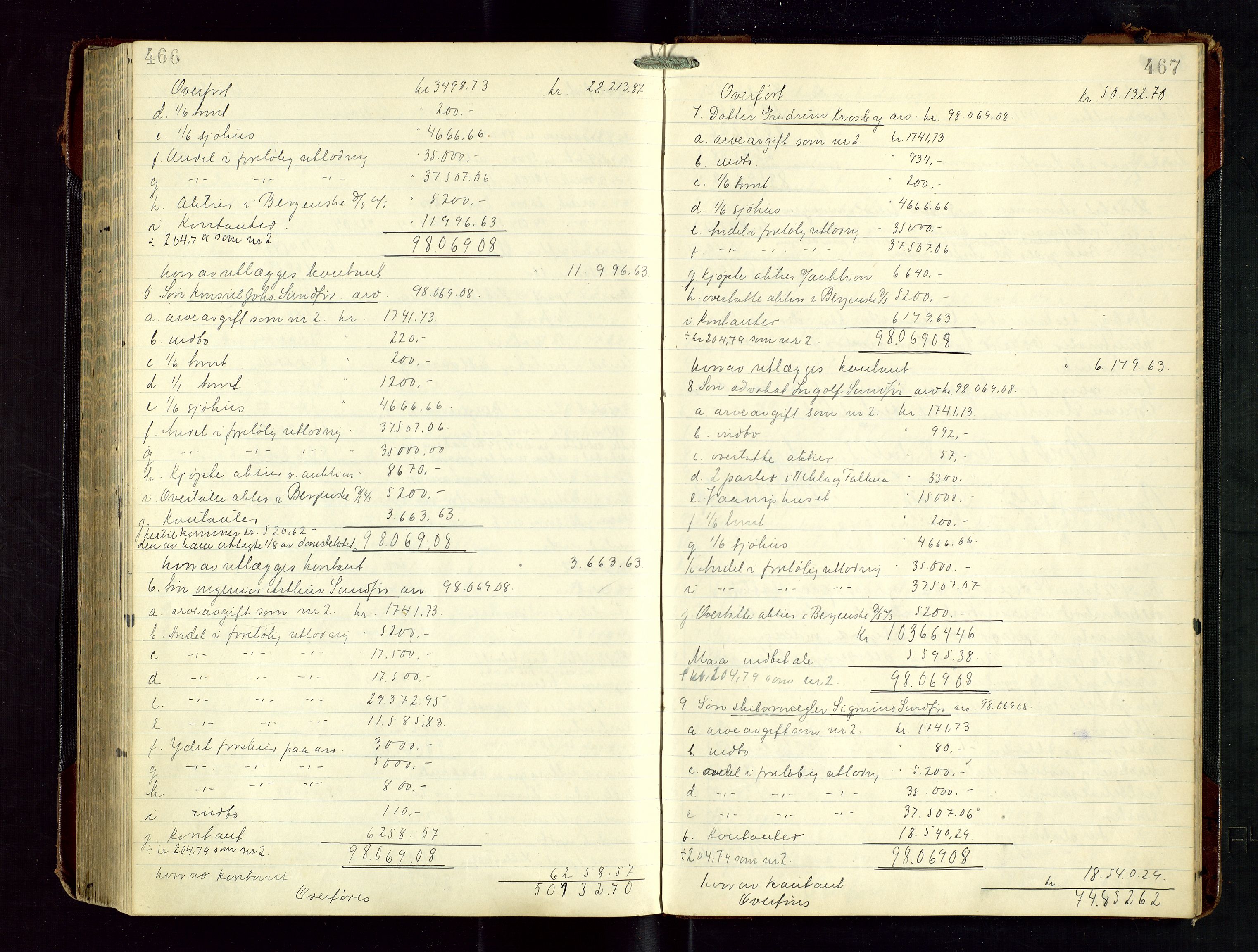 Haugesund tingrett, AV/SAST-A-101415/01/IV/IVD/L0003: Skifteutlodningsprotokoll, med register, 1915-1924, p. 466-467