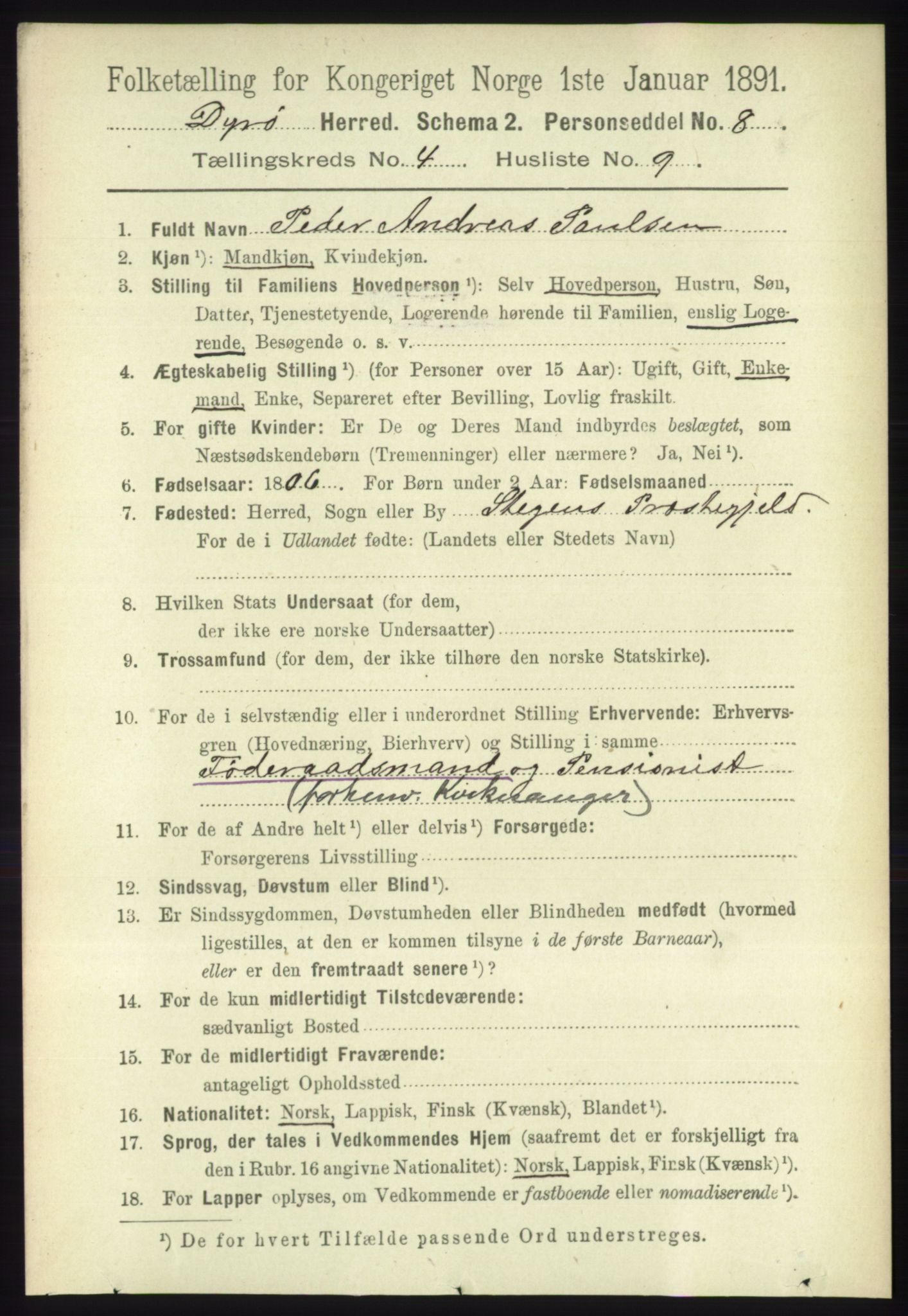 RA, 1891 census for 1926 Dyrøy, 1891, p. 1553