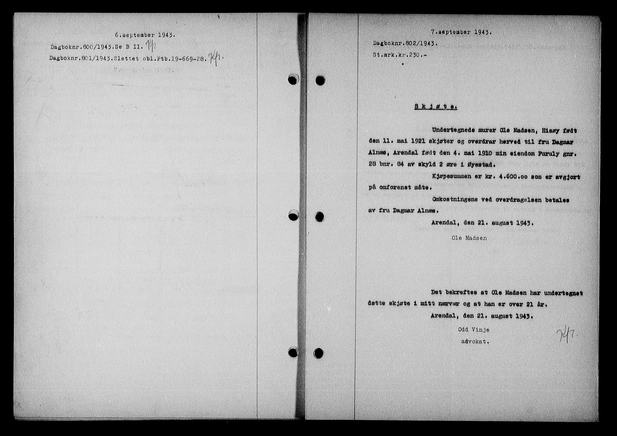 Nedenes sorenskriveri, SAK/1221-0006/G/Gb/Gba/L0051: Mortgage book no. A-V, 1943-1944, Diary no: : 802/1943
