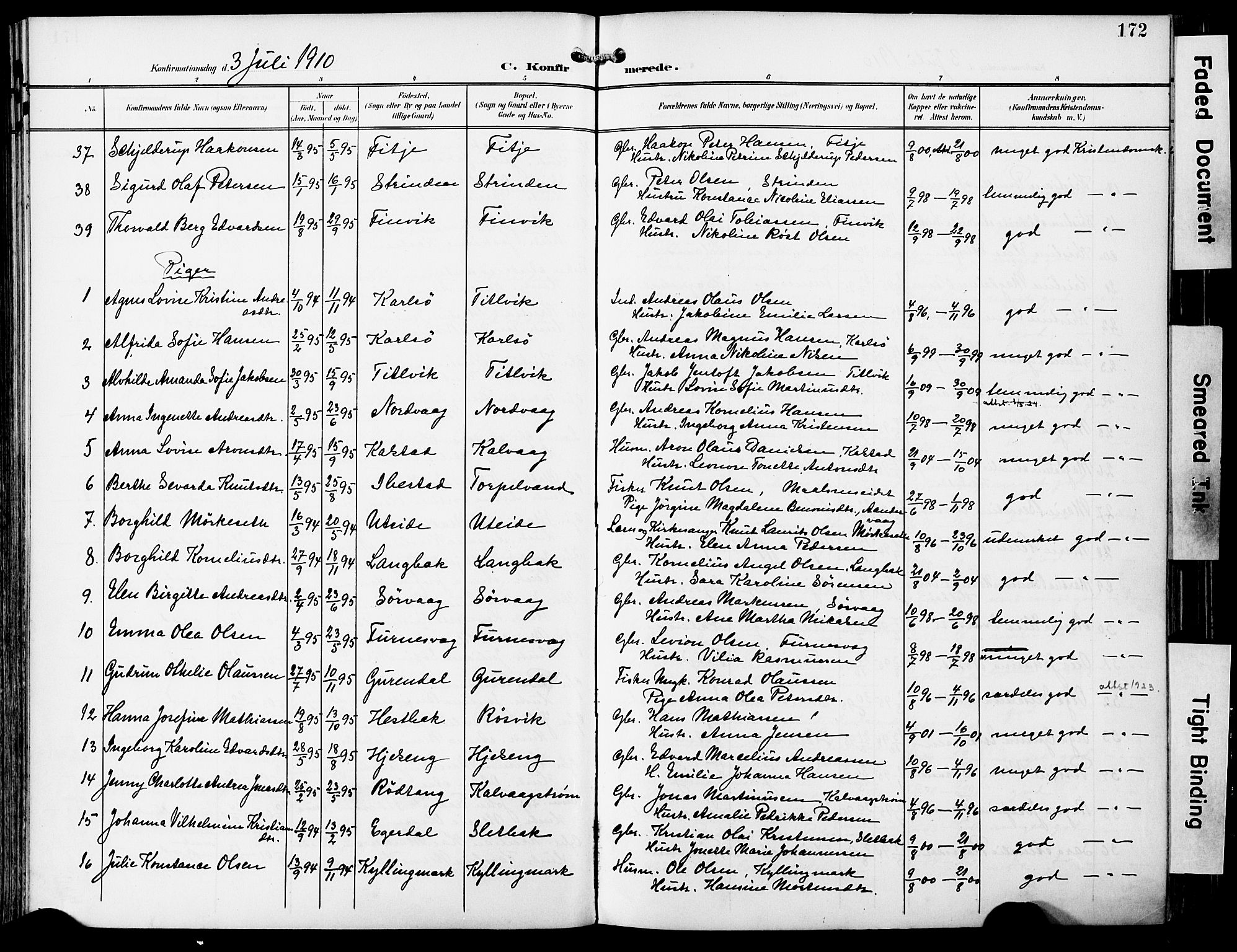 Ministerialprotokoller, klokkerbøker og fødselsregistre - Nordland, AV/SAT-A-1459/859/L0848: Parish register (official) no. 859A08, 1900-1912, p. 172