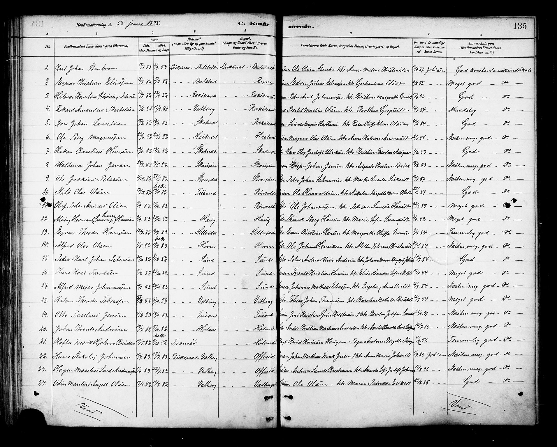Ministerialprotokoller, klokkerbøker og fødselsregistre - Nordland, SAT/A-1459/881/L1167: Parish register (copy) no. 881C04, 1886-1899, p. 135