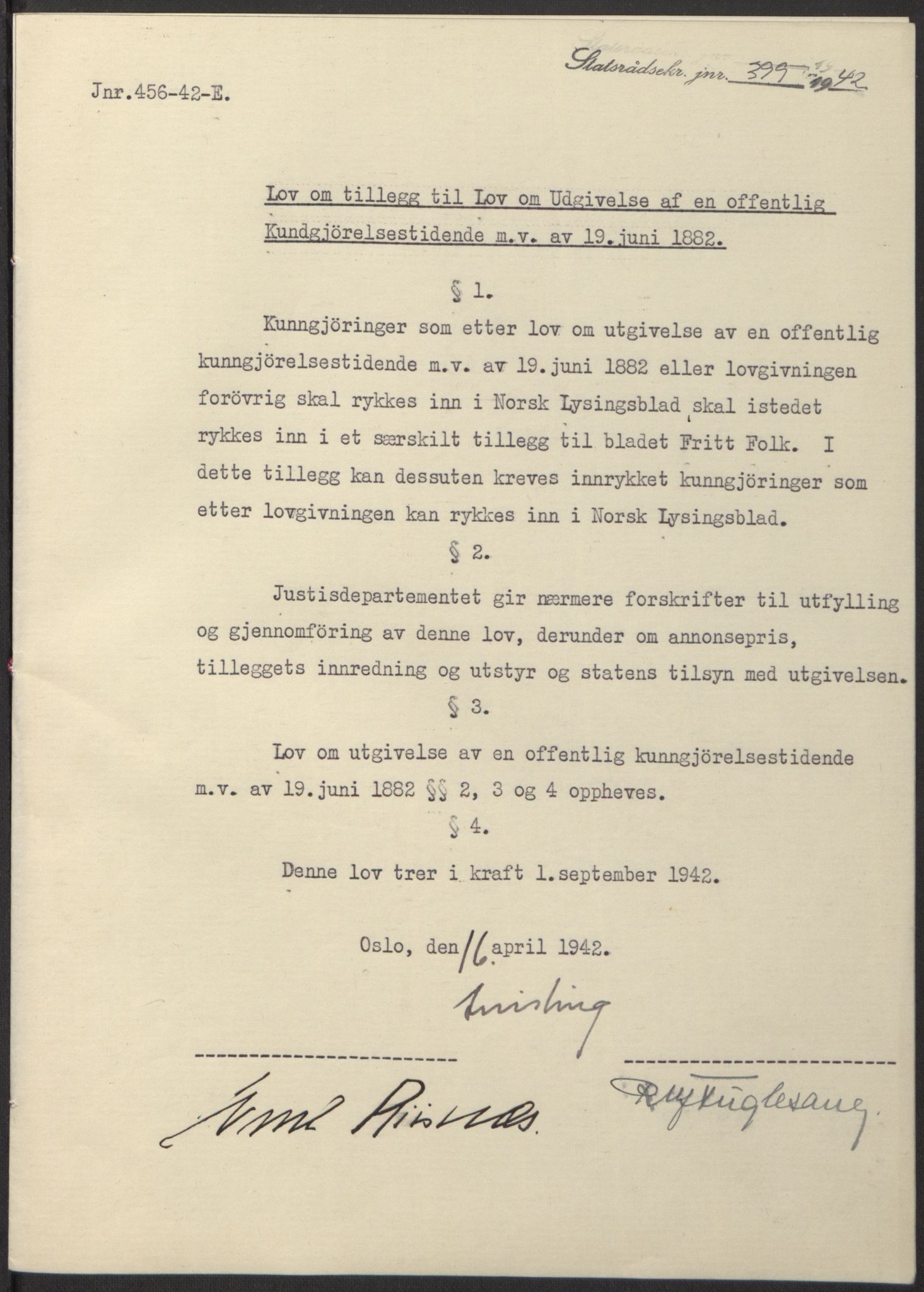 NS-administrasjonen 1940-1945 (Statsrådsekretariatet, de kommisariske statsråder mm), RA/S-4279/D/Db/L0097: Lover I, 1942, p. 288