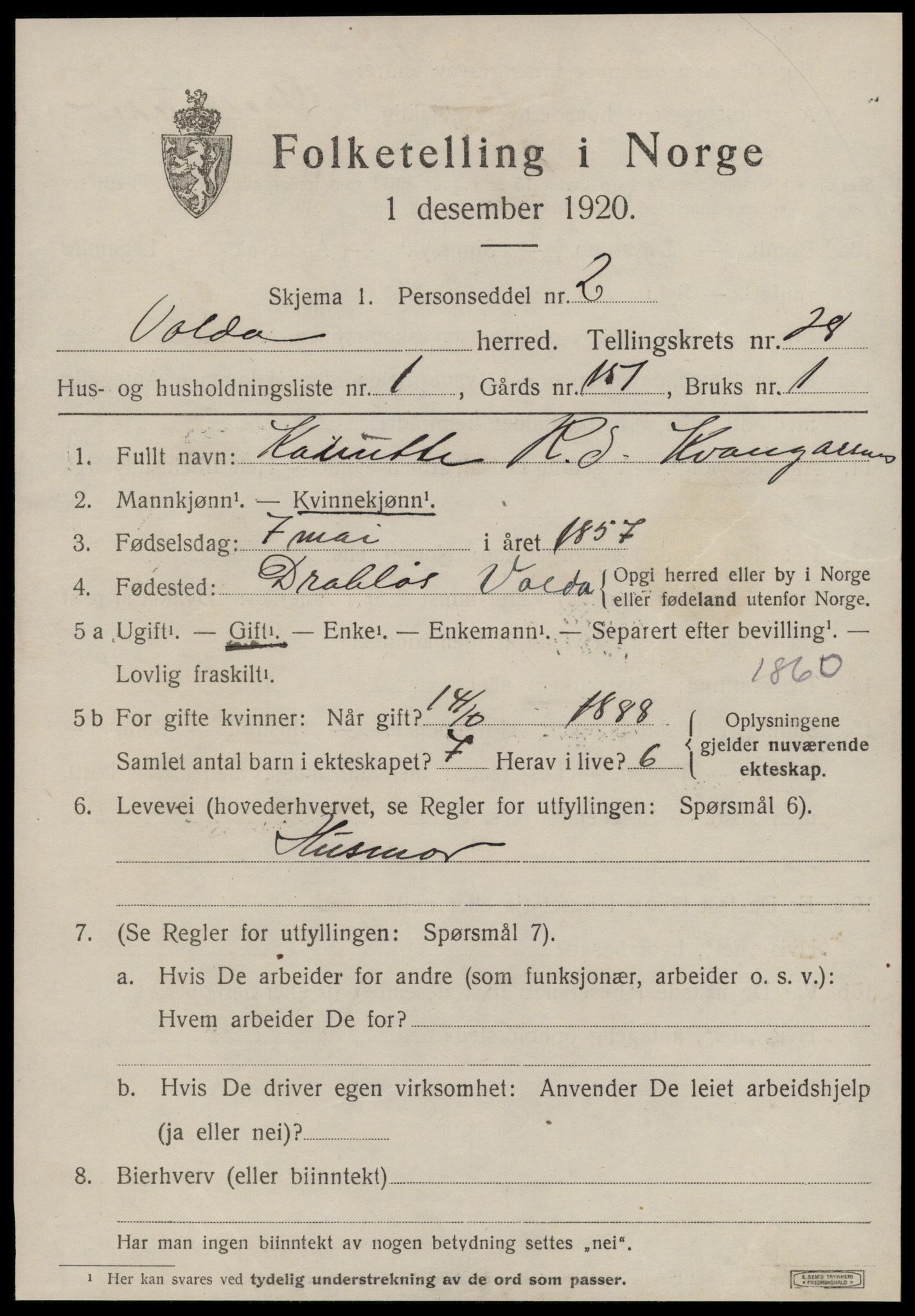 SAT, 1920 census for Volda, 1920, p. 12940