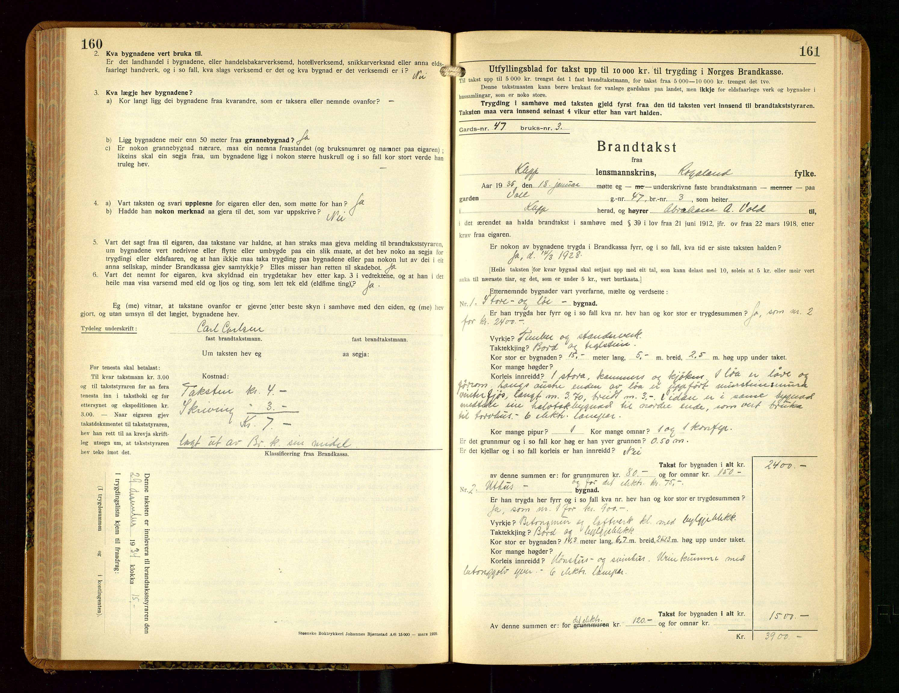 Klepp lensmannskontor, SAST/A-100163/Goc/L0013: "Brandtakstbok" m/register, 1933-1937, p. 160-161