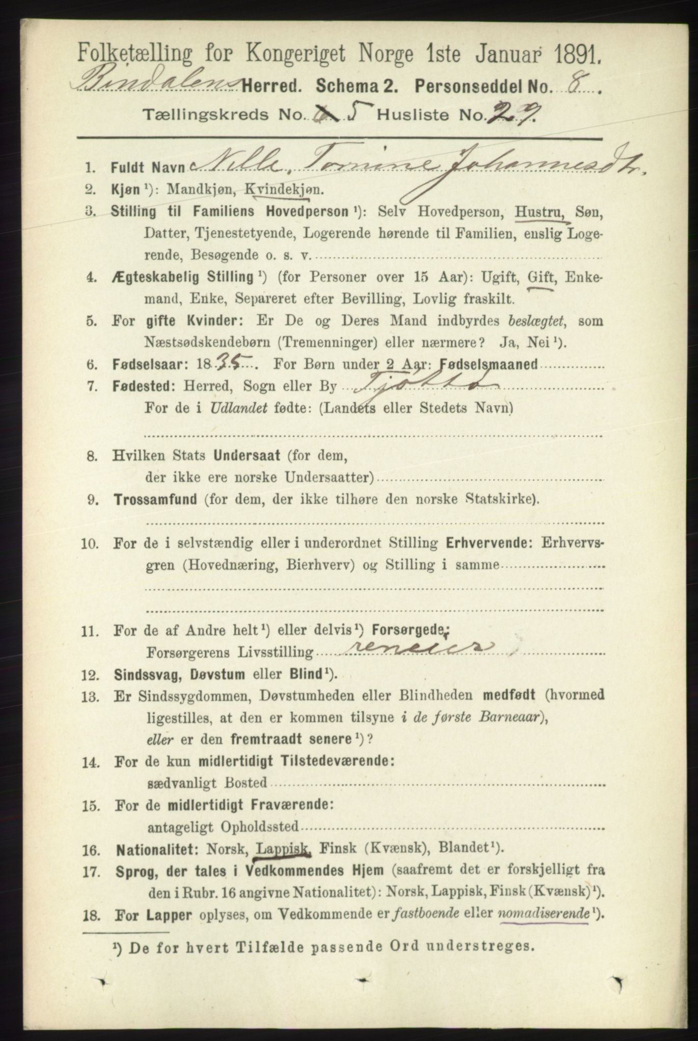RA, 1891 census for 1811 Bindal, 1891, p. 1357